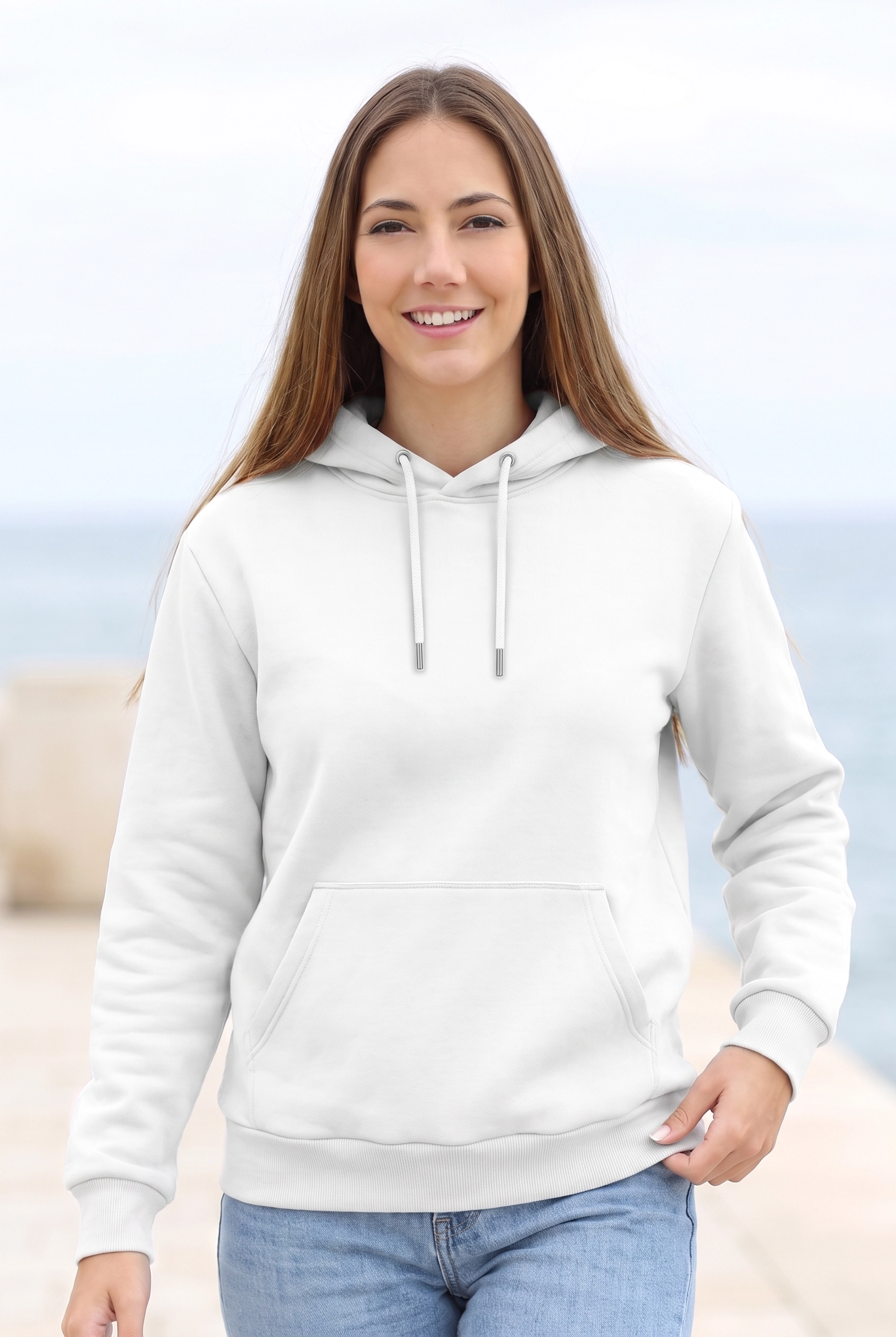 Unisex Beyaz Kapüşonlu Sweatshirt 3 İplik Şardonlu Kanguru Cepli Düz Hoodie