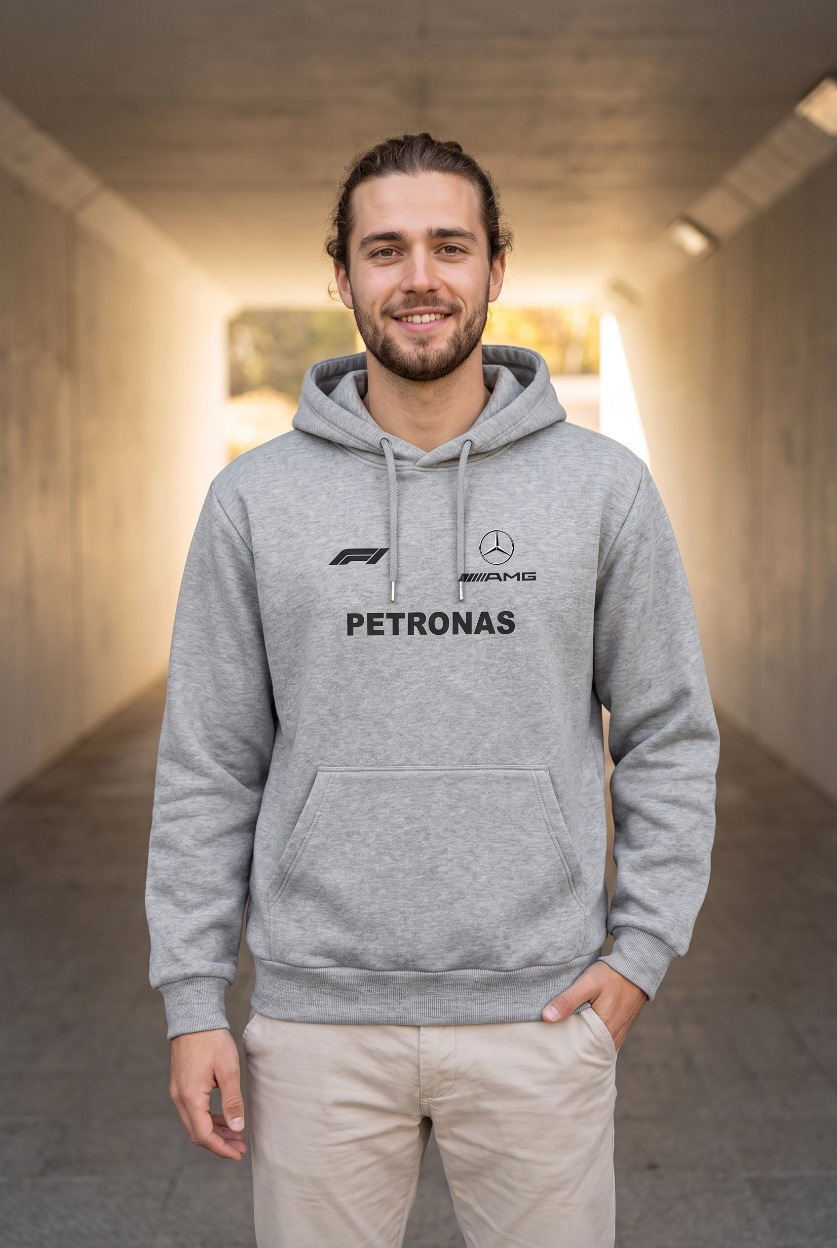 Unisex Gri Kapüşonlu Sweatshirt – Mercedes AMG Petronas Antonelli F1 Baskılı Hoodie