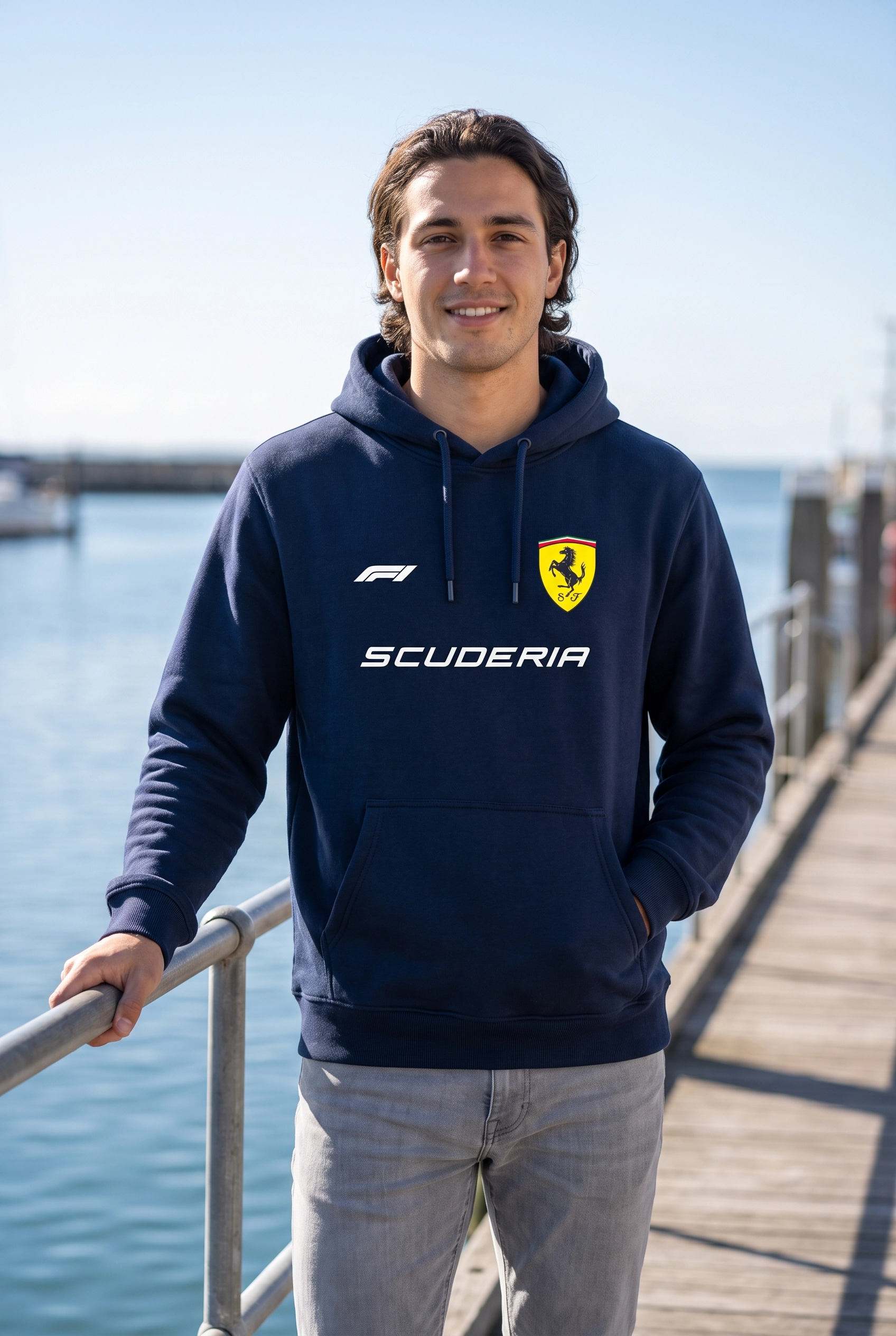 Hamilton Scuderia F1 Baskılı Lacivert Kapüşonlu Sweatshirt - Formula Yarış Temalı Hoodie