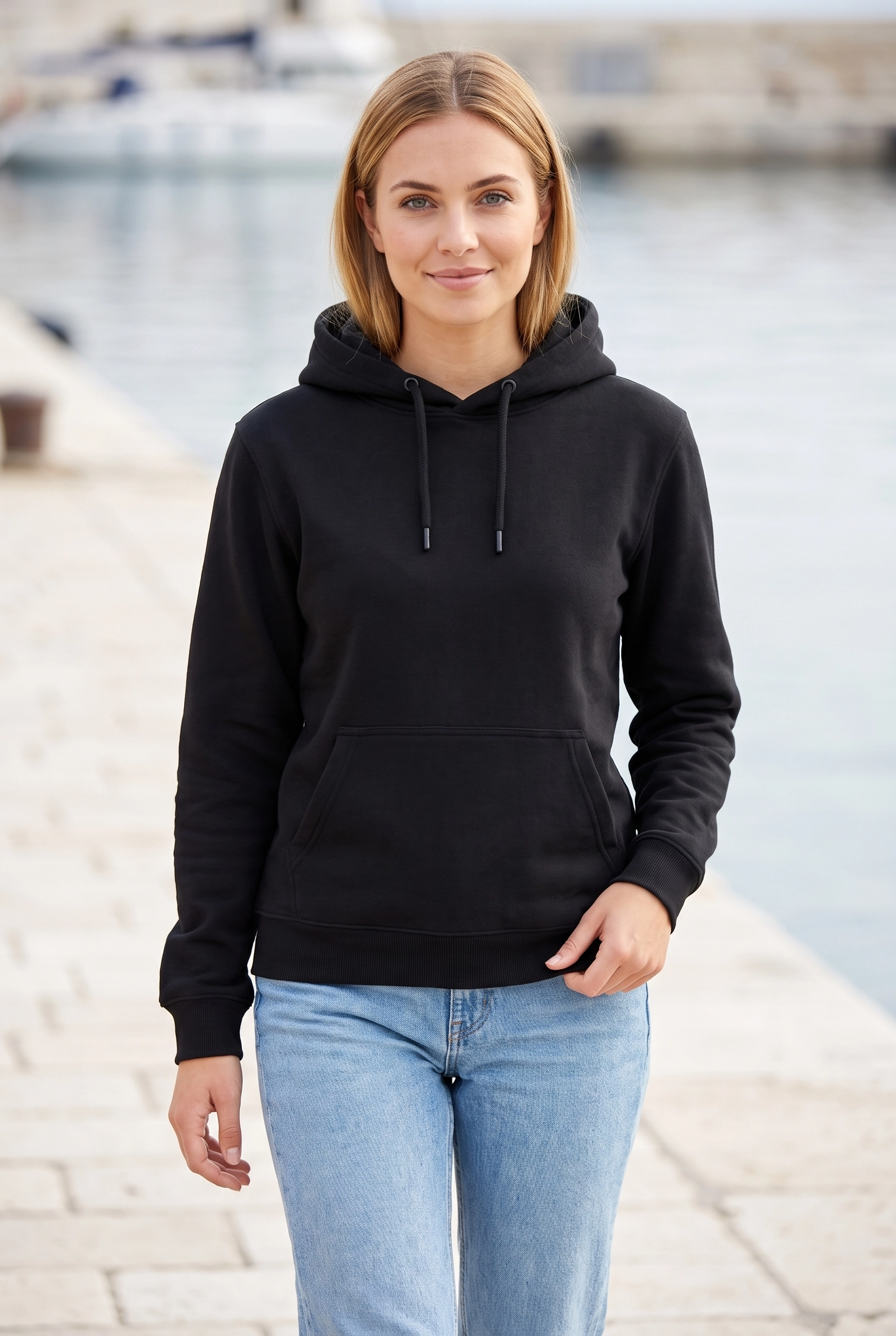 Unisex Siyah Kapüşonlu Sweatshirt 3 İplik Şardonlu Kanguru Cepli Düz Hoodie