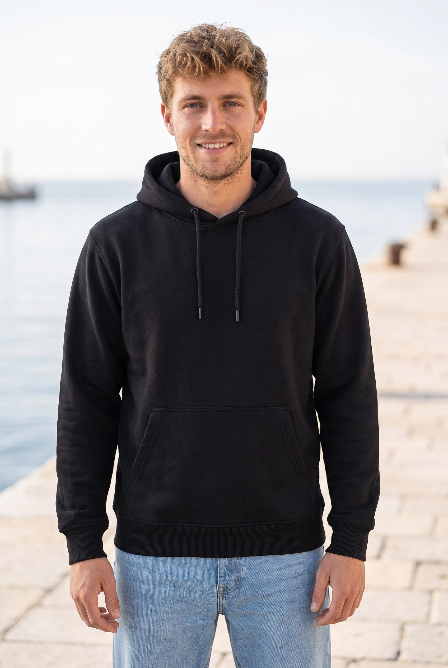 Unisex Siyah Kapüşonlu Sweatshirt 3 İplik Şardonlu Kanguru Cepli Düz Hoodie