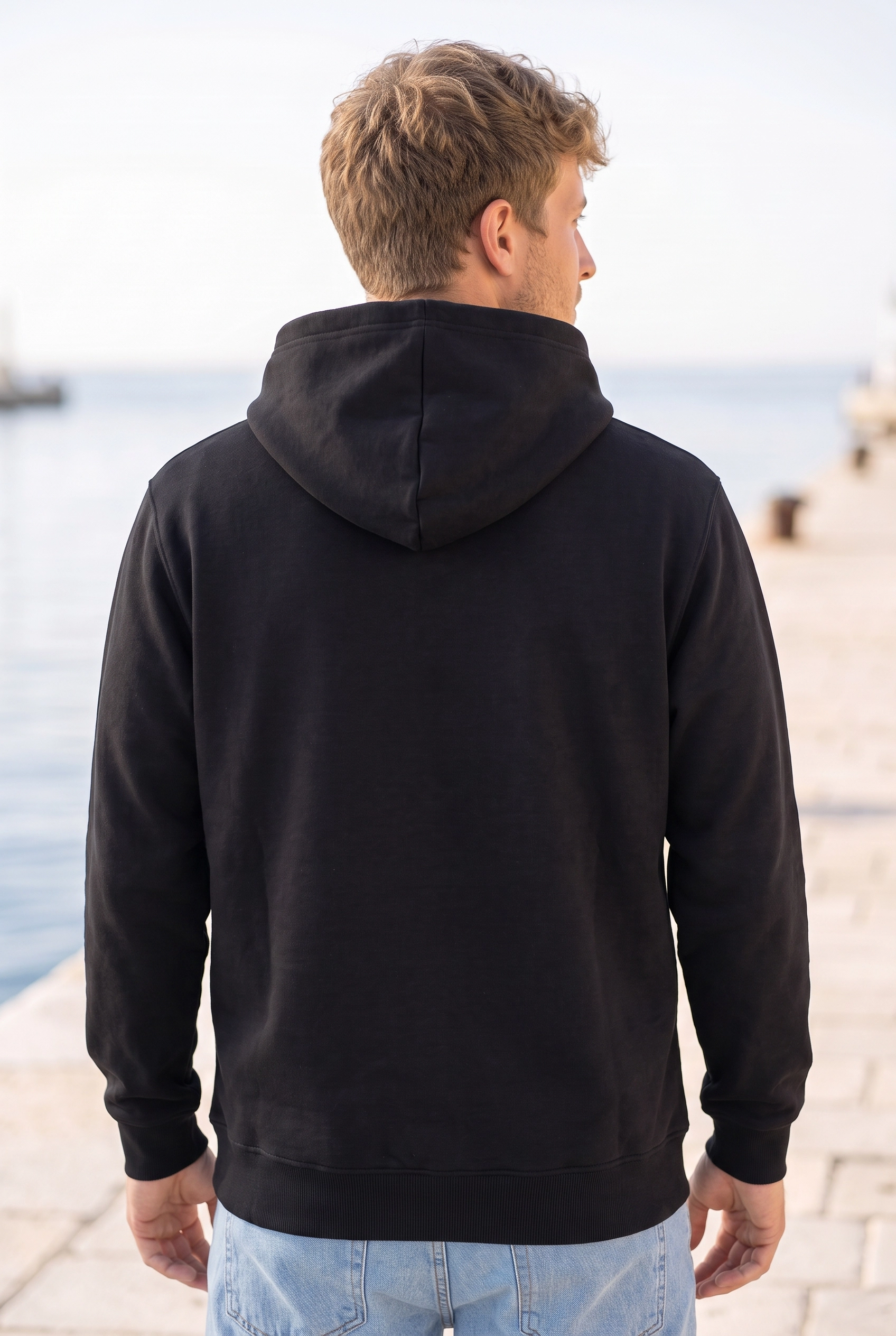 Unisex Siyah Kapüşonlu Sweatshirt 3 İplik Şardonlu Kanguru Cepli Düz Hoodie