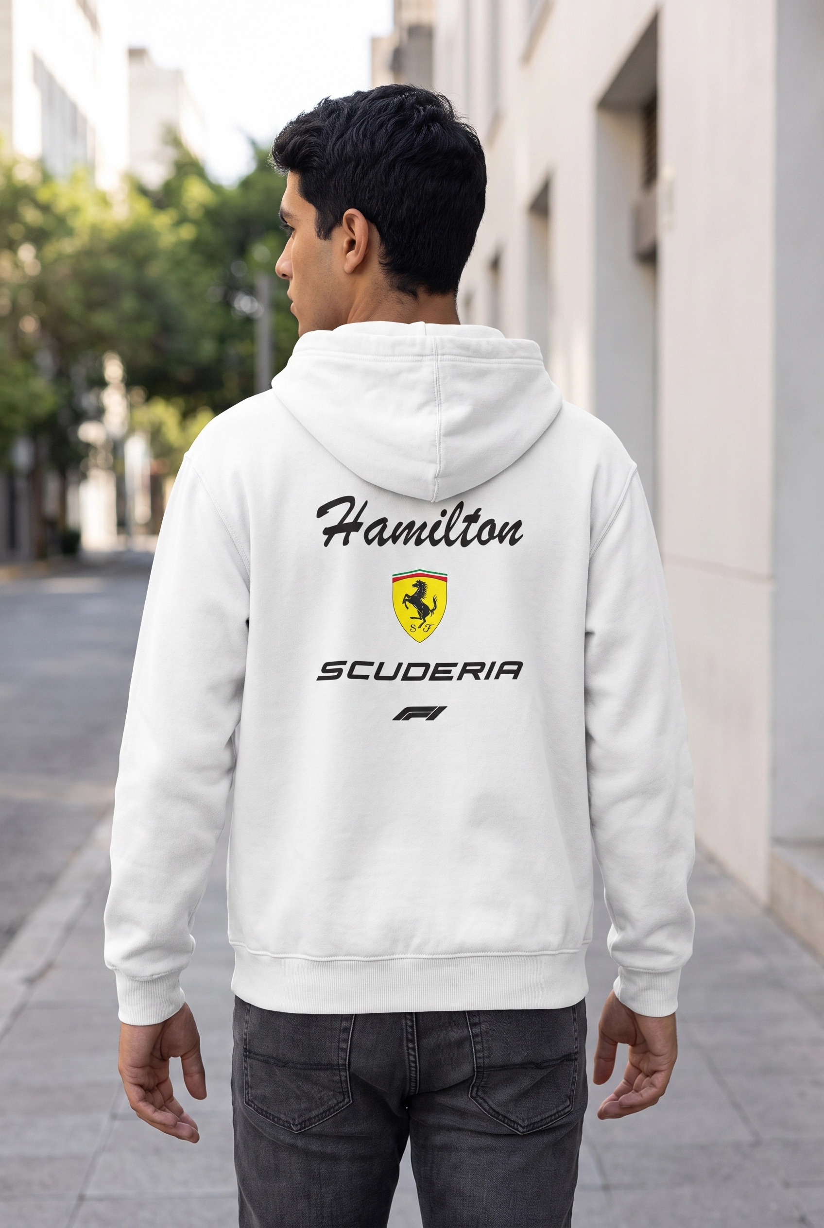 Hamilton Scuderia F1 Baskılı Beyaz Kapüşonlu Sweatshirt - Formula Yarış Temalı Hoodie