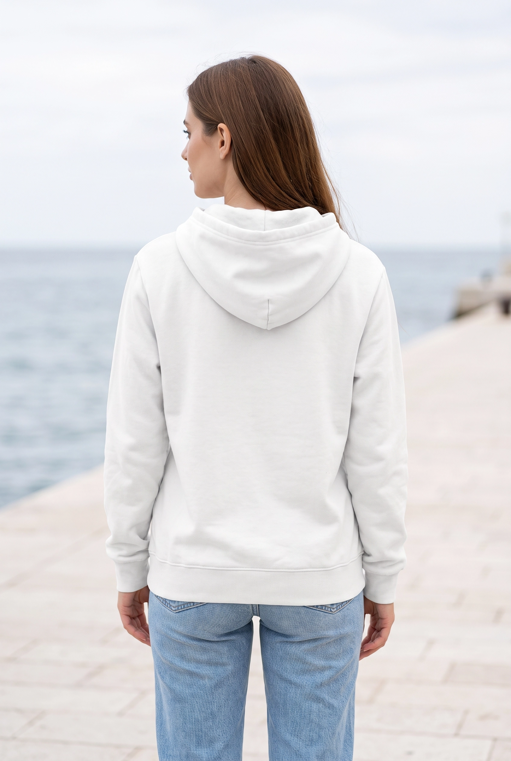 Unisex Beyaz Kapüşonlu Sweatshirt 3 İplik Şardonlu Kanguru Cepli Düz Hoodie