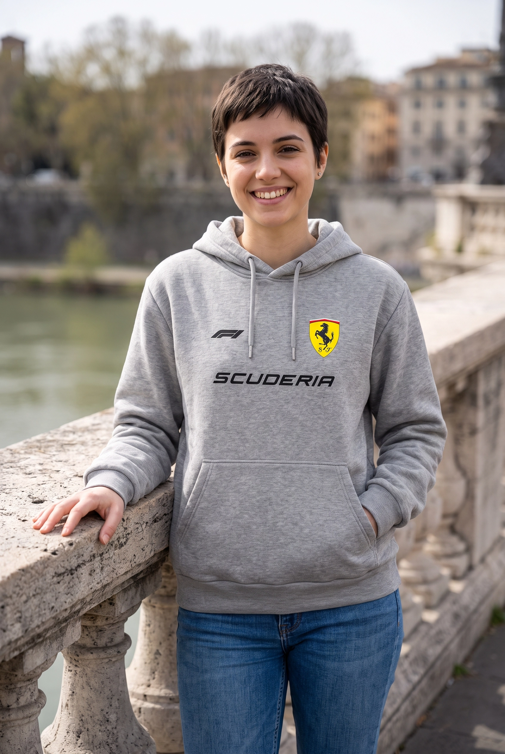 Hamilton Scuderia F1 Baskılı Gri Kapüşonlu Sweatshirt - Formula Yarış Temalı Hoodie