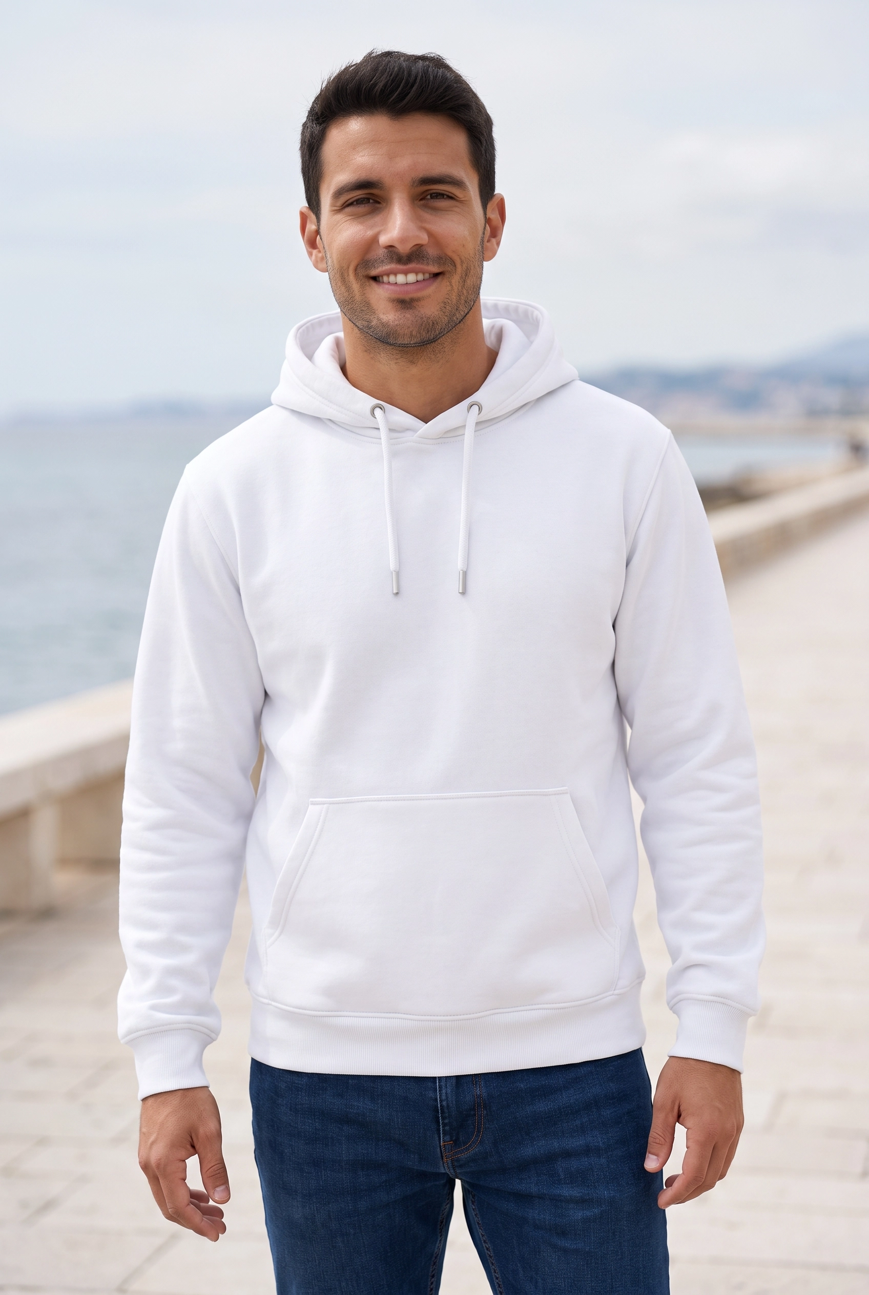 Unisex Beyaz Kapüşonlu Sweatshirt 3 İplik Şardonlu Kanguru Cepli Düz Hoodie
