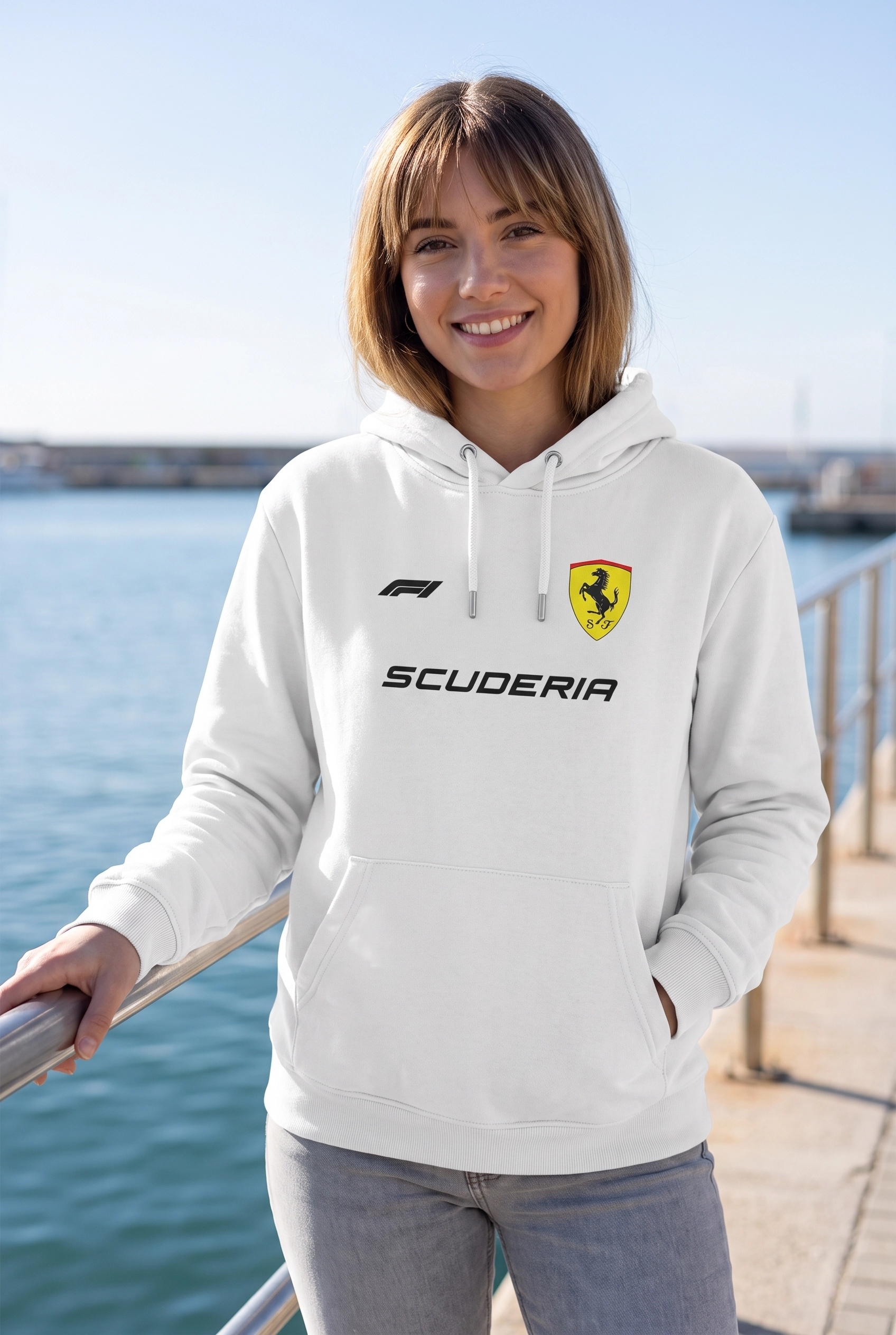 Hamilton Scuderia F1 Baskılı Beyaz Kapüşonlu Sweatshirt - Formula Yarış Temalı Hoodie
