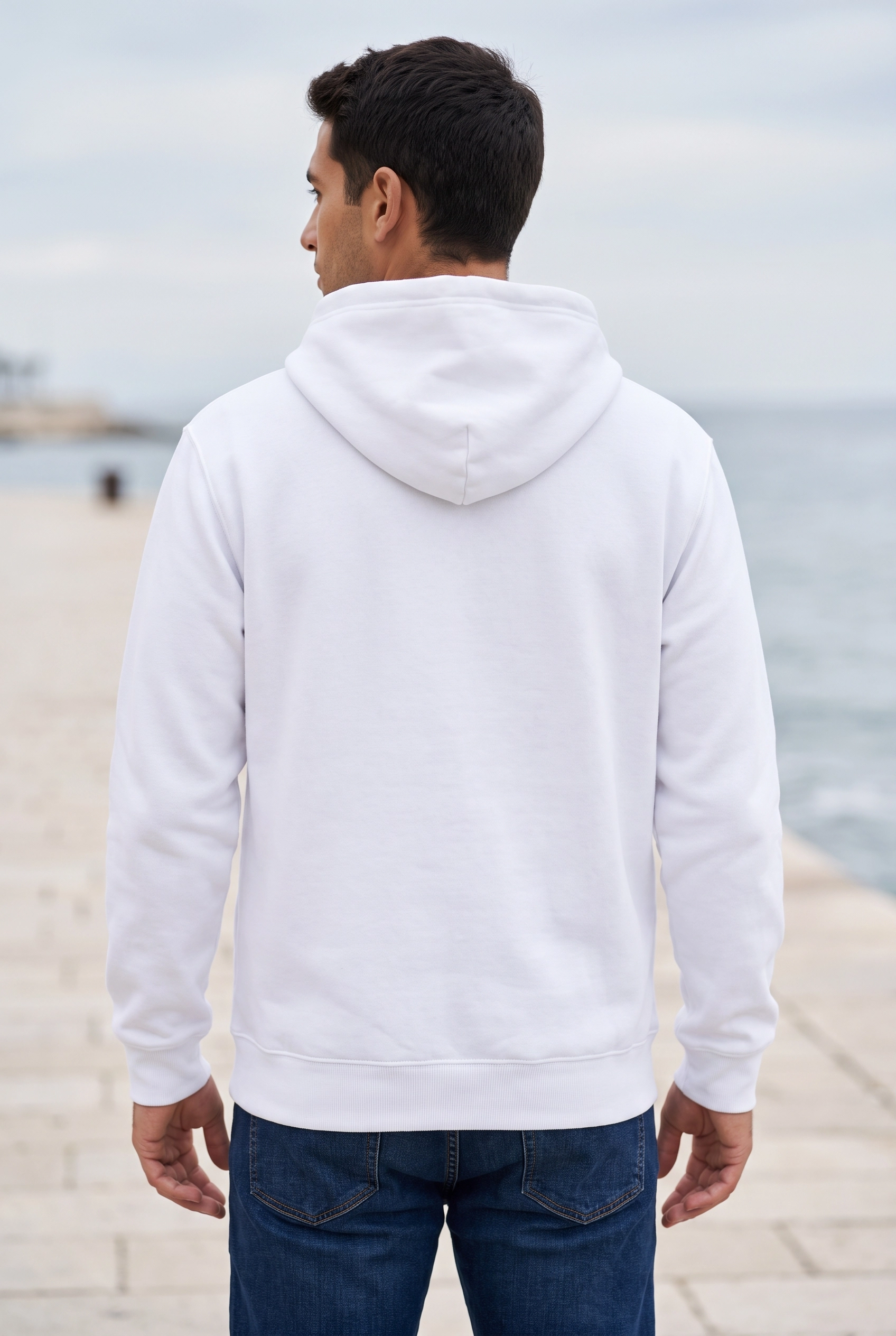 Unisex Beyaz Kapüşonlu Sweatshirt 3 İplik Şardonlu Kanguru Cepli Düz Hoodie