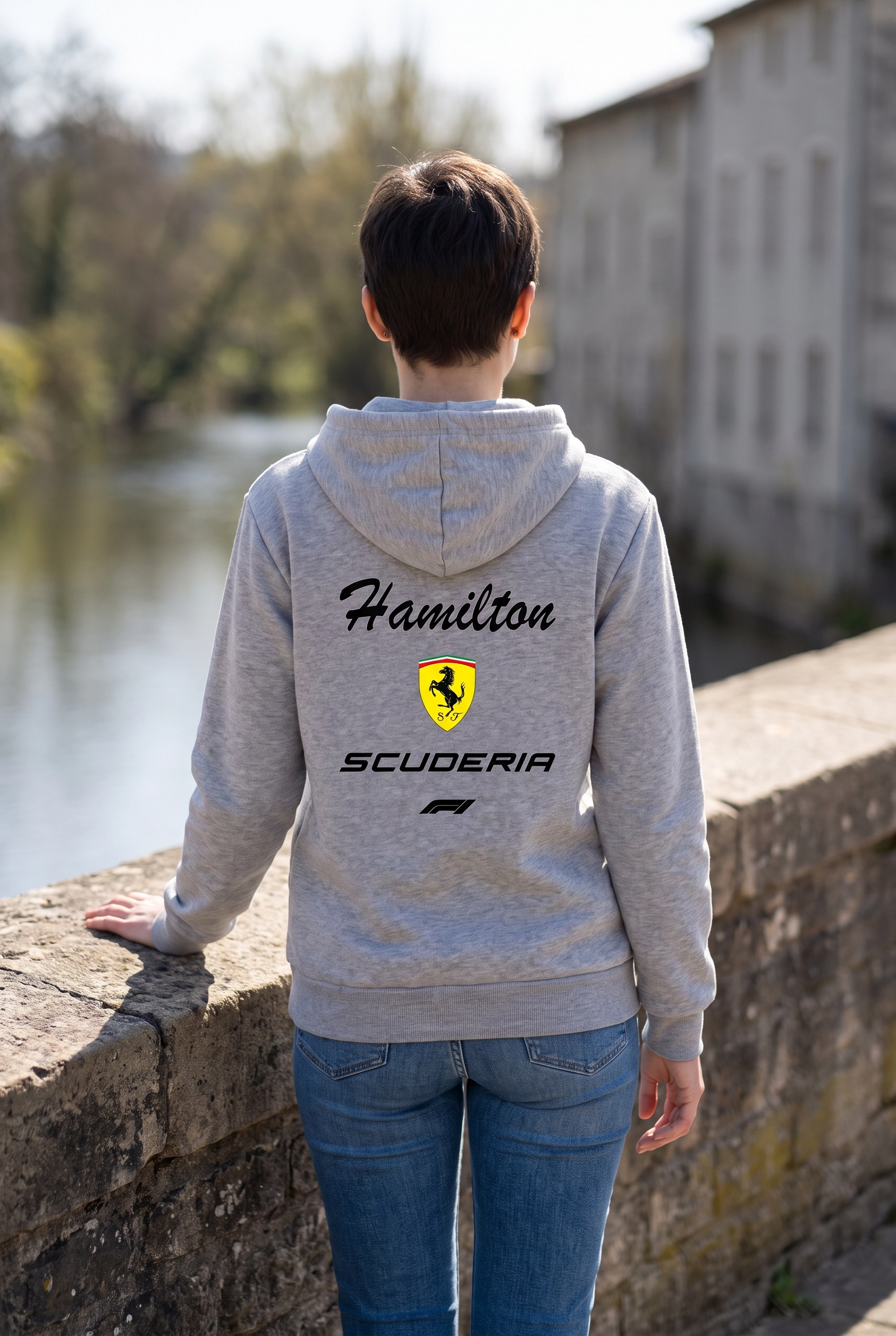 Hamilton Scuderia F1 Baskılı Gri Kapüşonlu Sweatshirt - Formula Yarış Temalı Hoodie