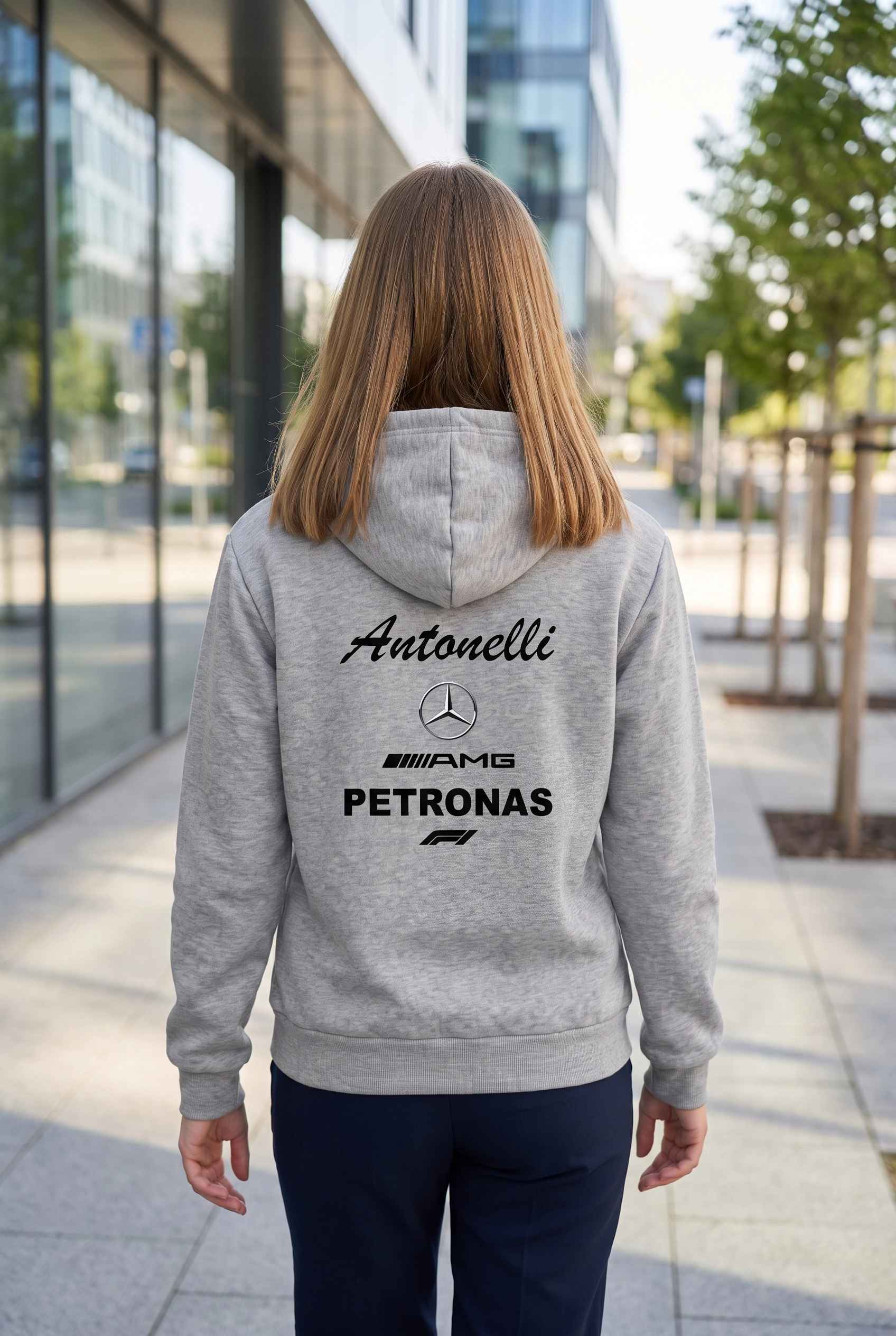 Unisex Gri Kapüşonlu Sweatshirt – Mercedes AMG Petronas Antonelli F1 Baskılı Hoodie