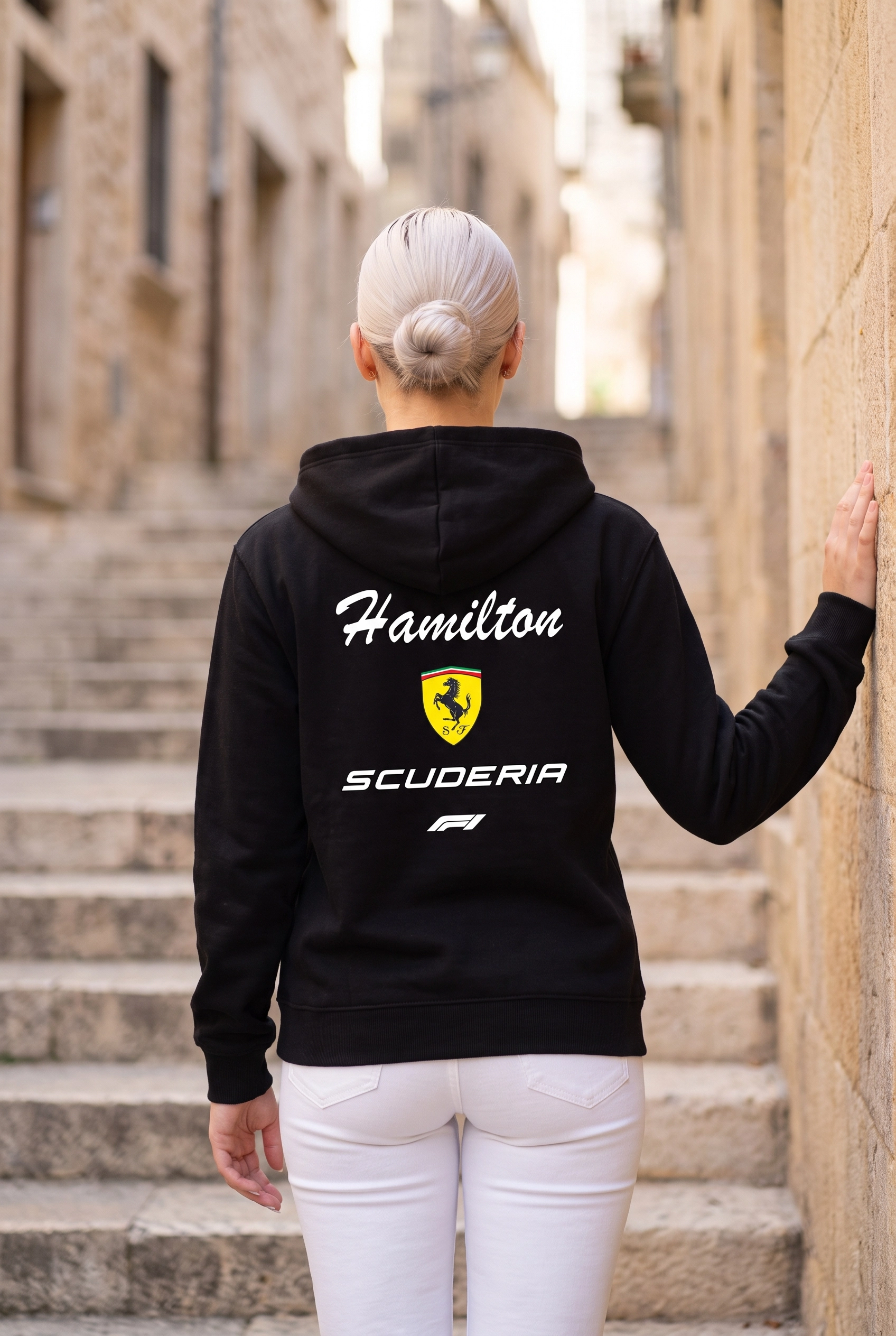 Hamilton Scuderia F1 Baskılı Siyah Kapüşonlu Sweatshirt - Formula Yarış Temalı Hoodie