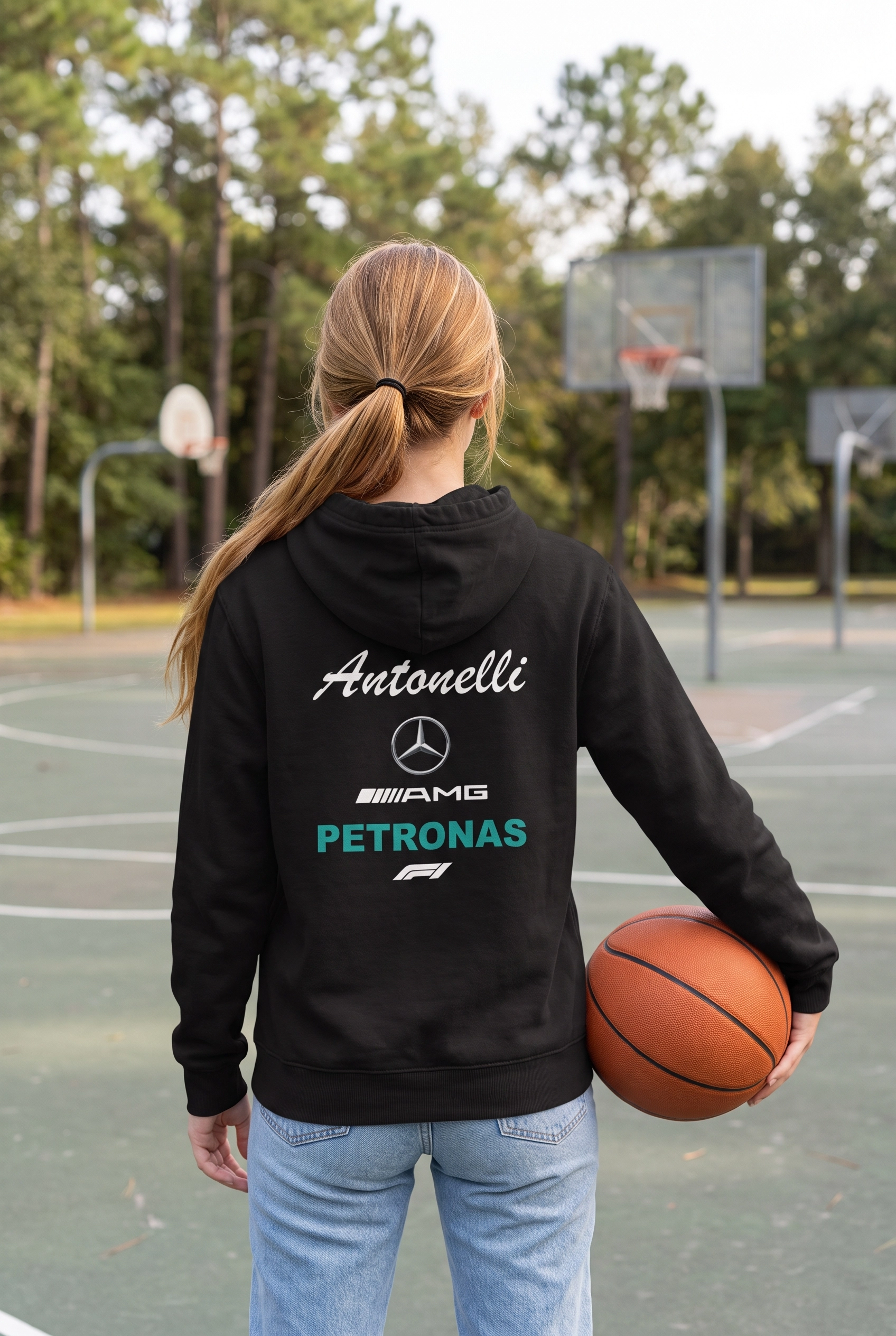Unisex Siyah Kapüşonlu Sweatshirt – Mercedes AMG Petronas Antonelli F1 Baskılı Hoodie
