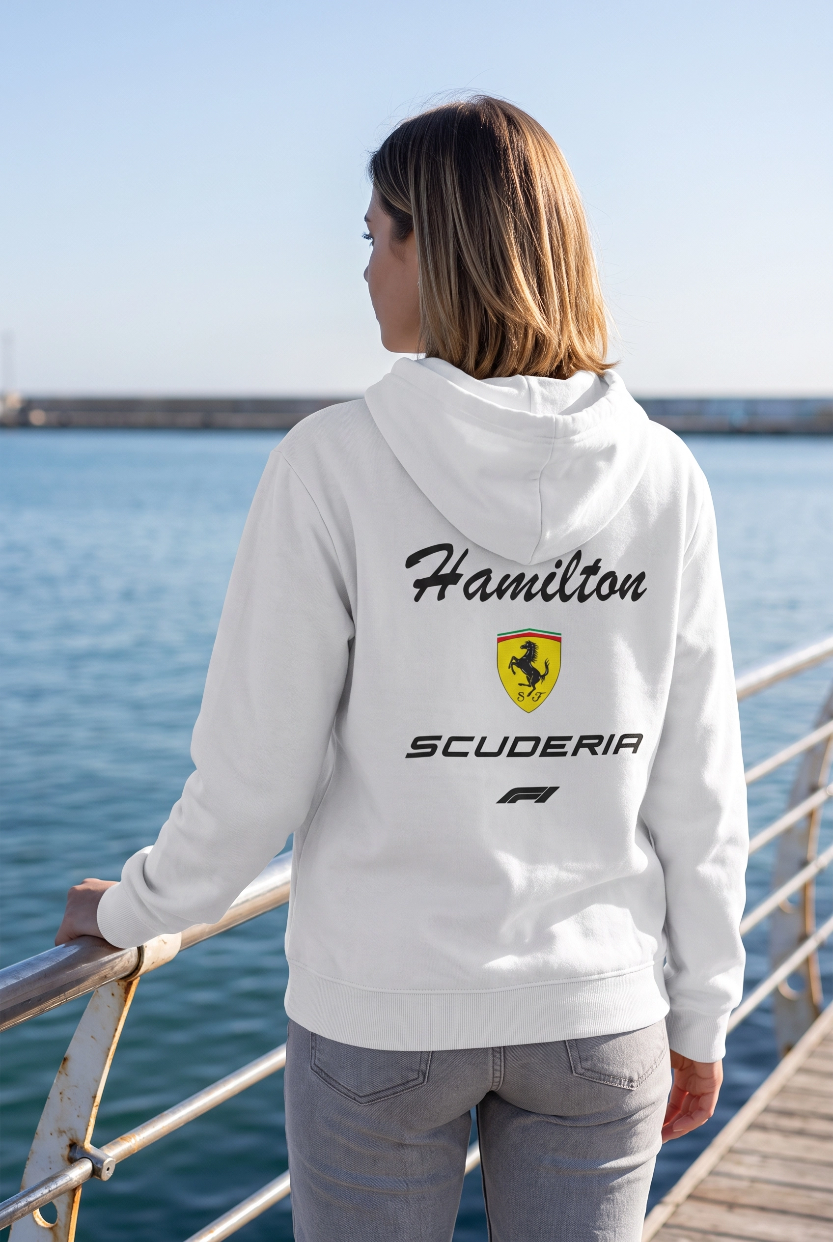 Hamilton Scuderia F1 Baskılı Beyaz Kapüşonlu Sweatshirt - Formula Yarış Temalı Hoodie