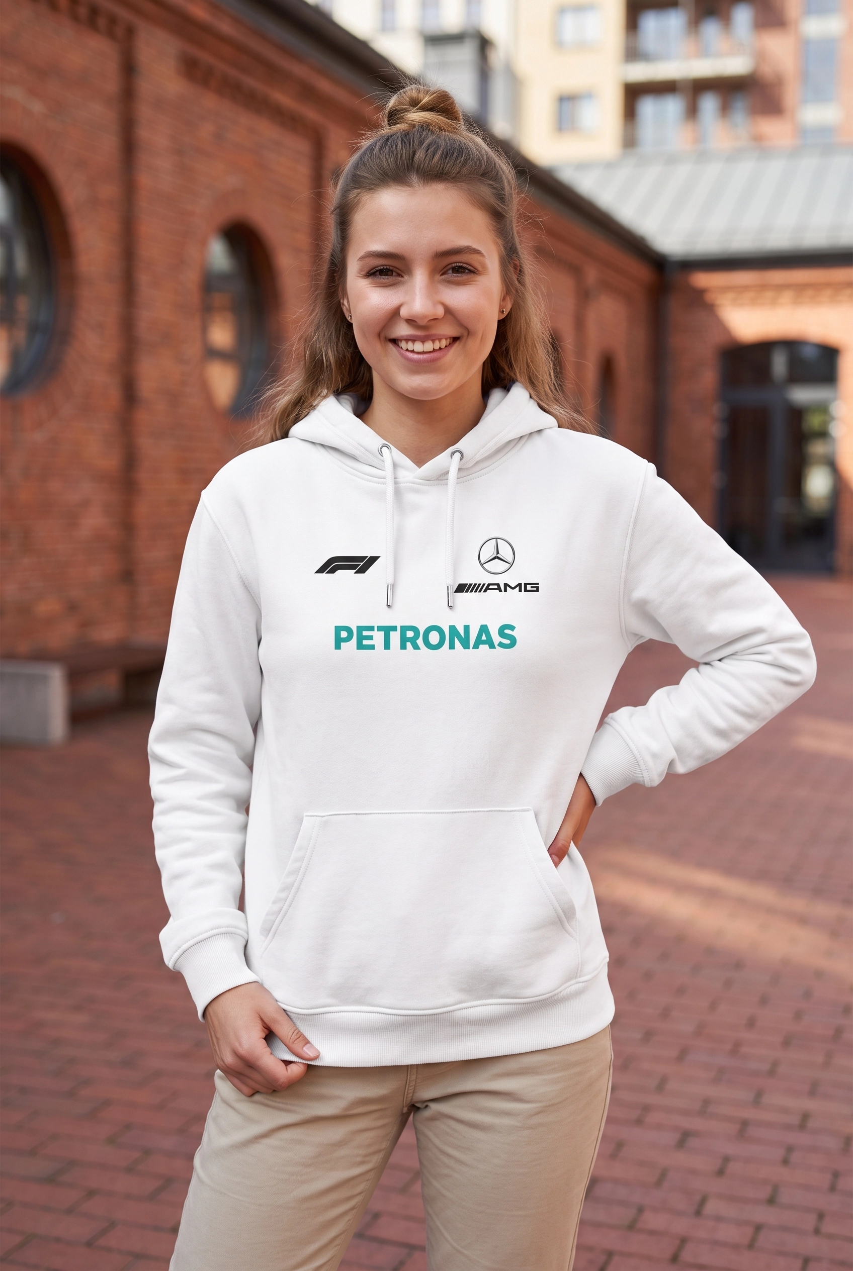 Unisex Beyaz Kapüşonlu Sweatshirt – Mercedes AMG Petronas Antonelli F1 Baskılı Hoodie