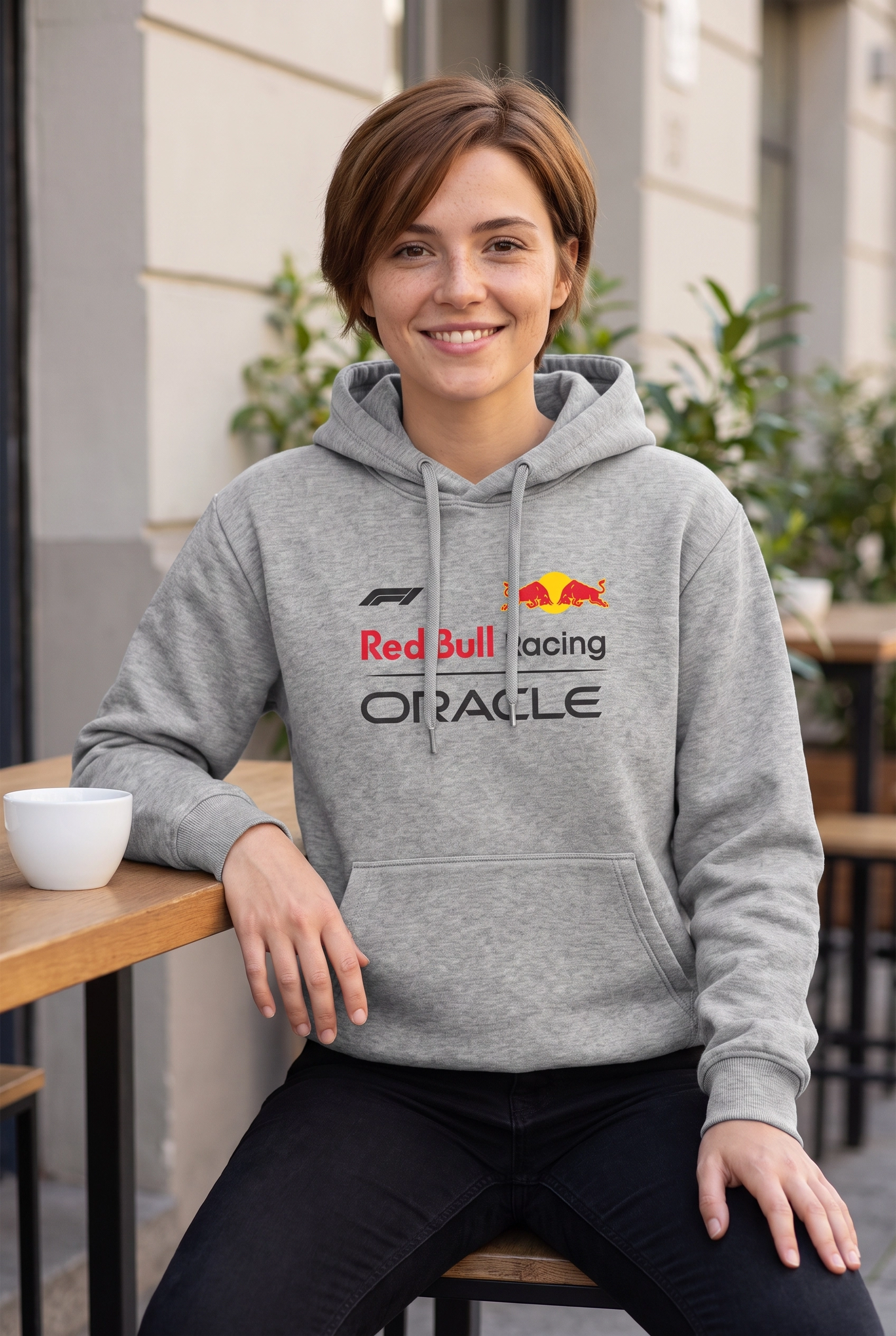 Unisex Gri Kapüşonlu Sweatshirt – Red Bull Racing Verstappen F1 Baskılı Hoodie