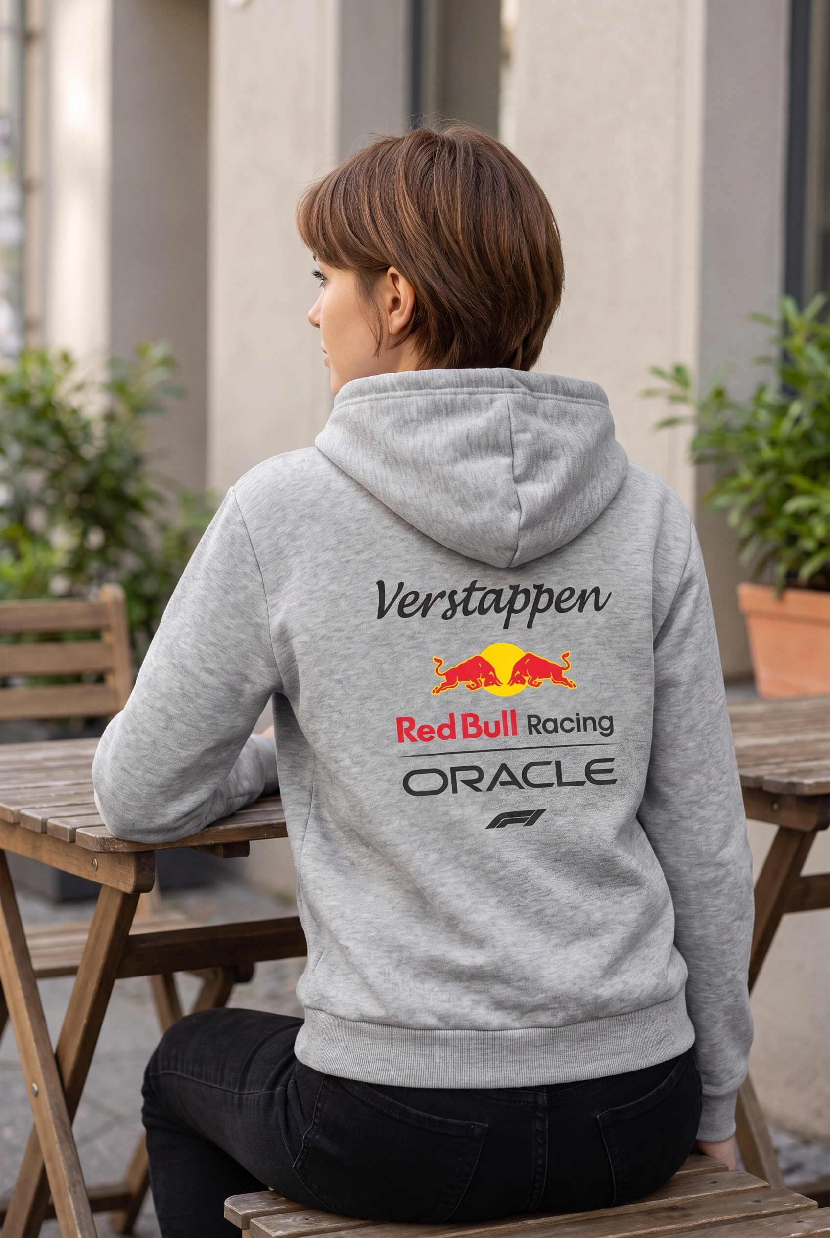 Unisex Gri Kapüşonlu Sweatshirt – Red Bull Racing Verstappen F1 Baskılı Hoodie