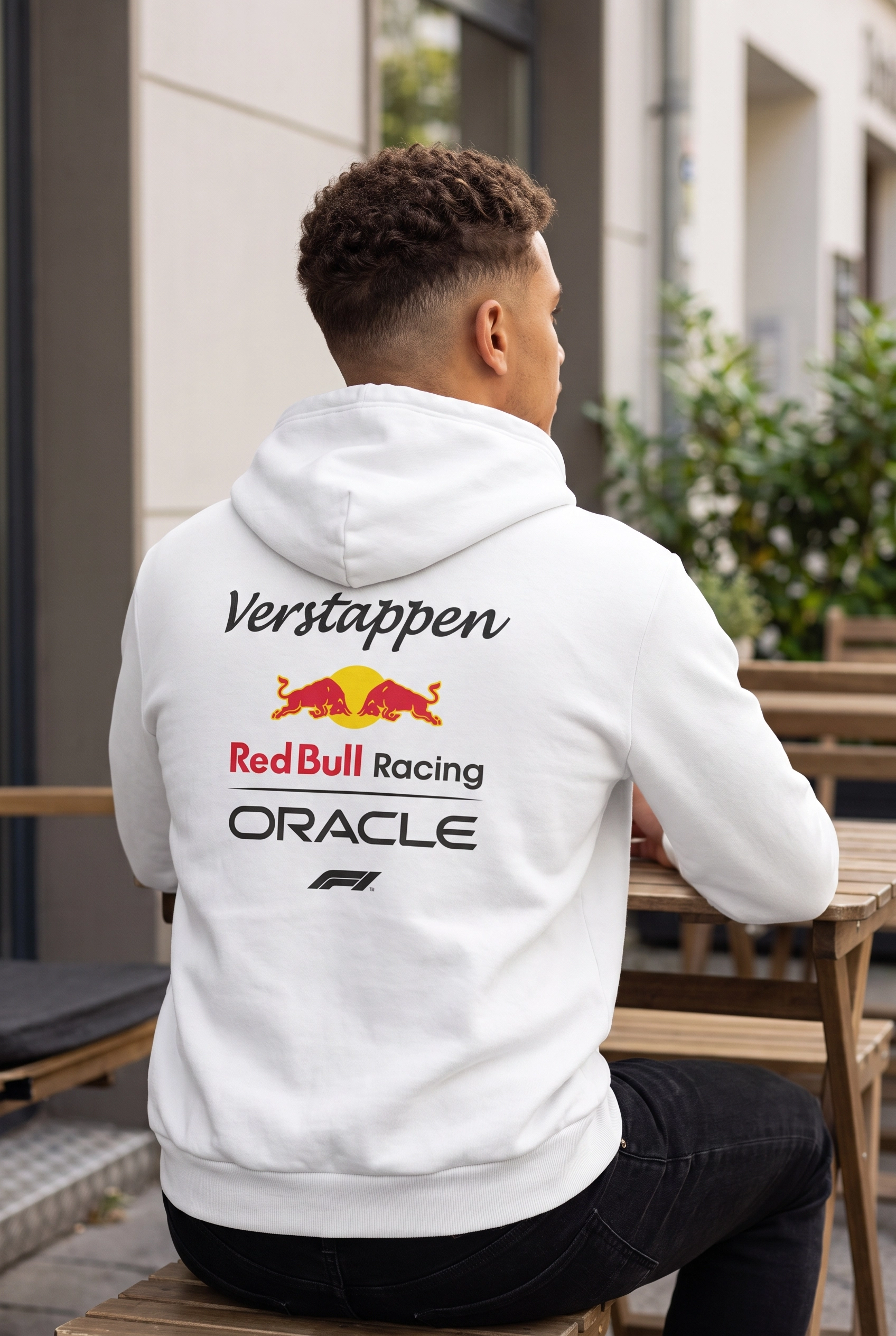Unisex Beyaz Kapüşonlu Sweatshirt – Red Bull Racing Verstappen F1 Baskılı Hoodie