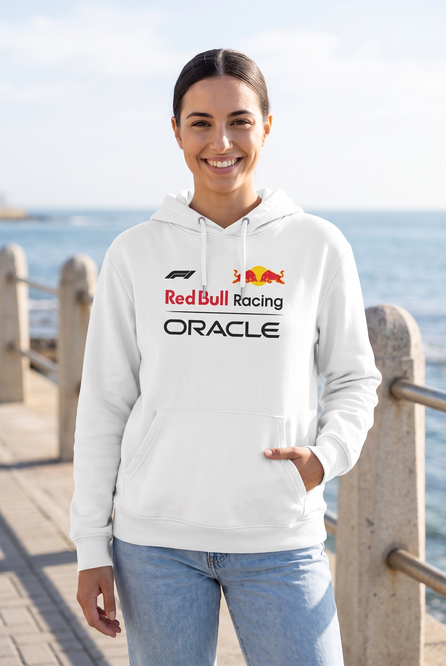 Unisex Beyaz Kapüşonlu Sweatshirt – Red Bull Racing Verstappen F1 Baskılı Hoodie