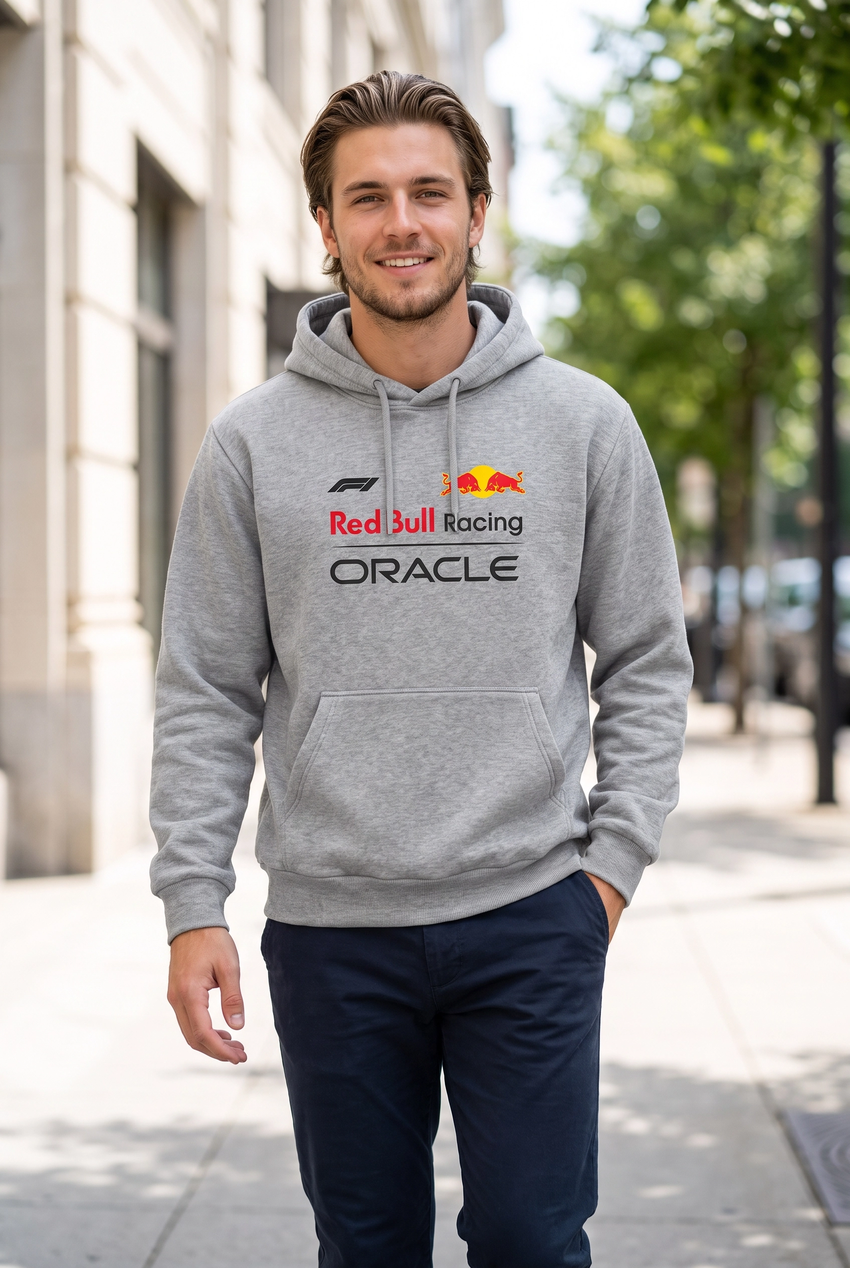Unisex Gri Kapüşonlu Sweatshirt – Red Bull Racing Verstappen F1 Baskılı Hoodie