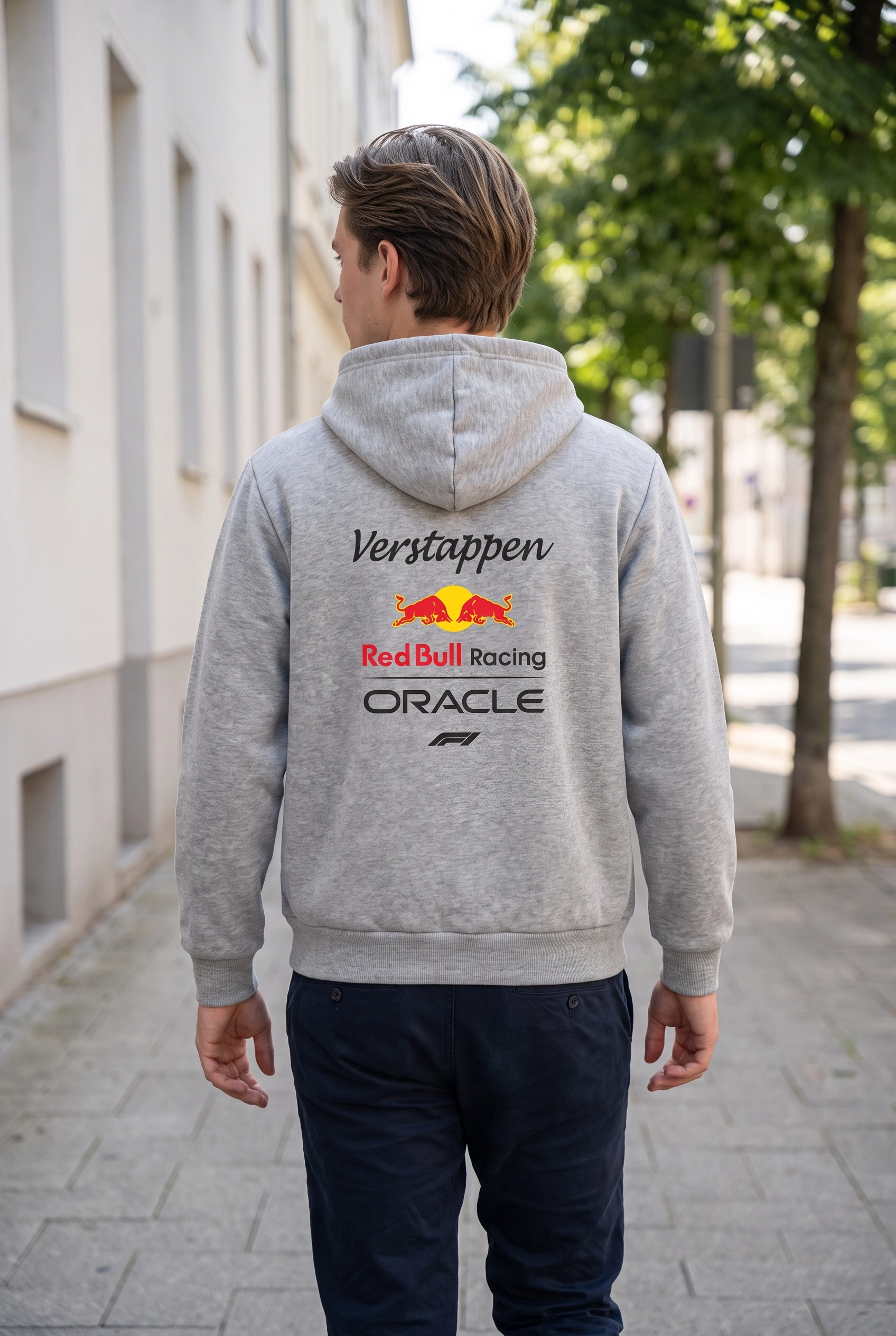Unisex Gri Kapüşonlu Sweatshirt – Red Bull Racing Verstappen F1 Baskılı Hoodie