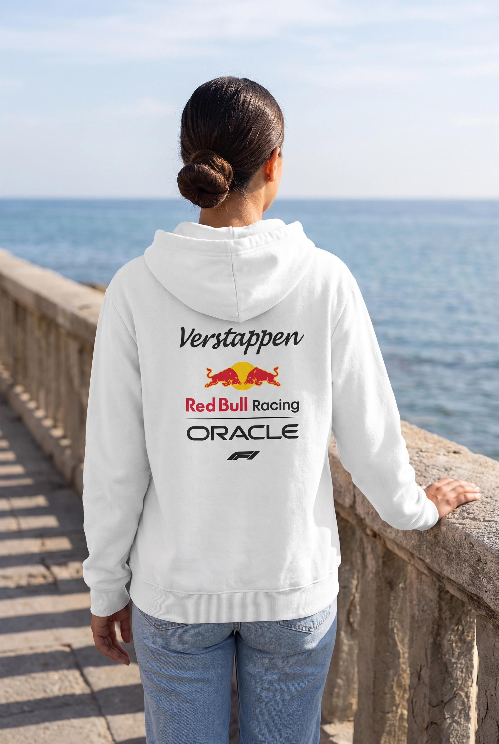 Unisex Beyaz Kapüşonlu Sweatshirt – Red Bull Racing Verstappen F1 Baskılı Hoodie
