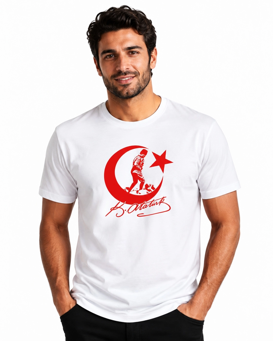 Etifa Atatürk Ay Yıldız İmzalı Premium Unisex %100 Pamuk Beyaz Tişört Kırmızı Baskı