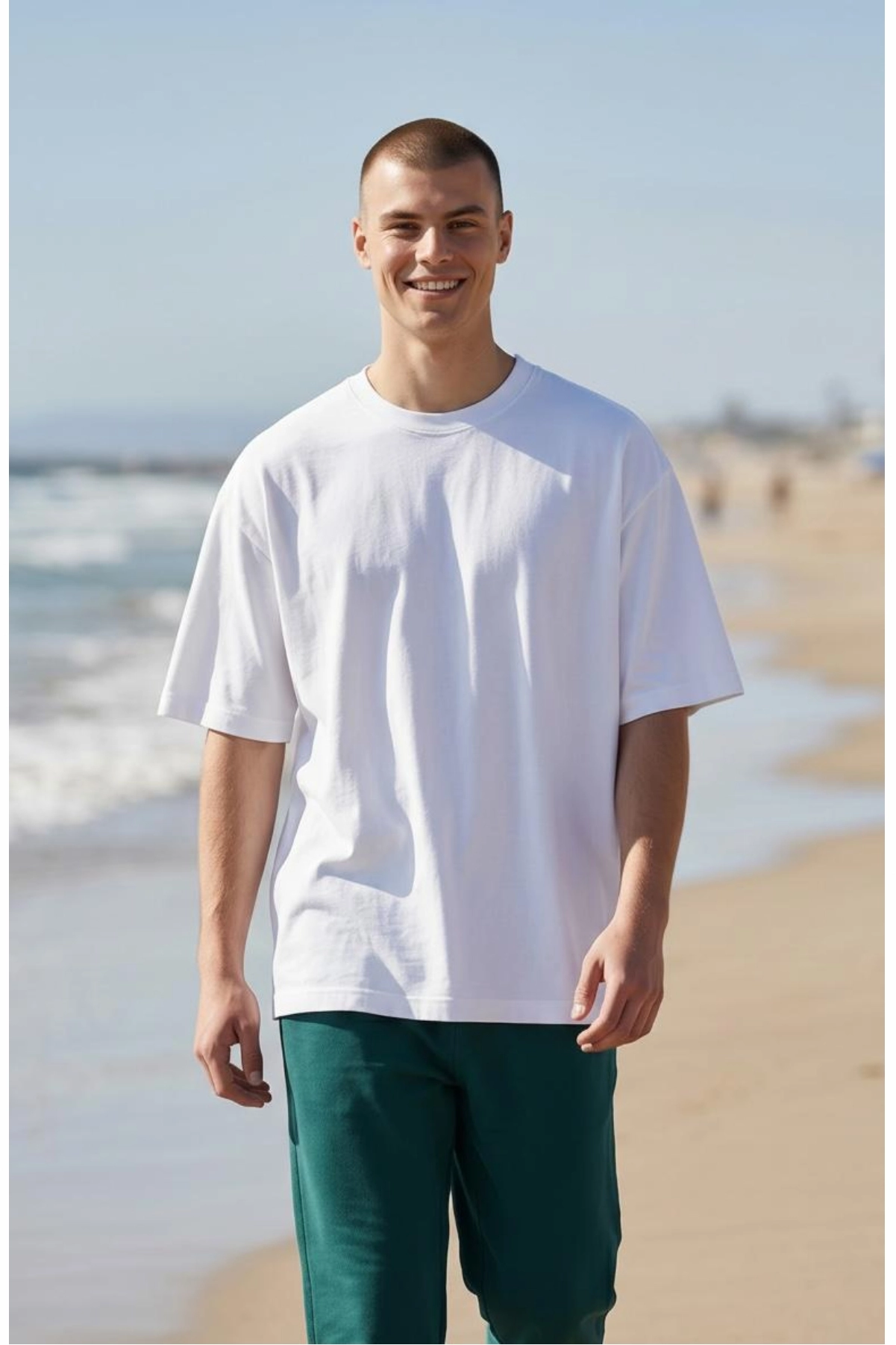 Oversize Tişört Unisex %100 Pamuk 200 gr Kalın Kumaş Basic Bol Kesim T Shirt Beyaz