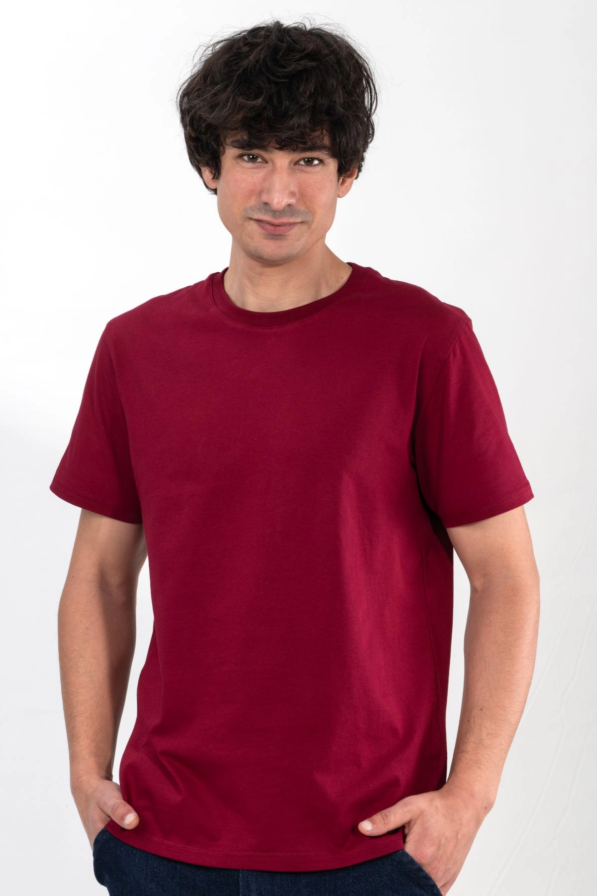 %100 Pamuk Basic Tişört Rahat Kalıp Unisex Günlük Spor T-Shirt Bordo