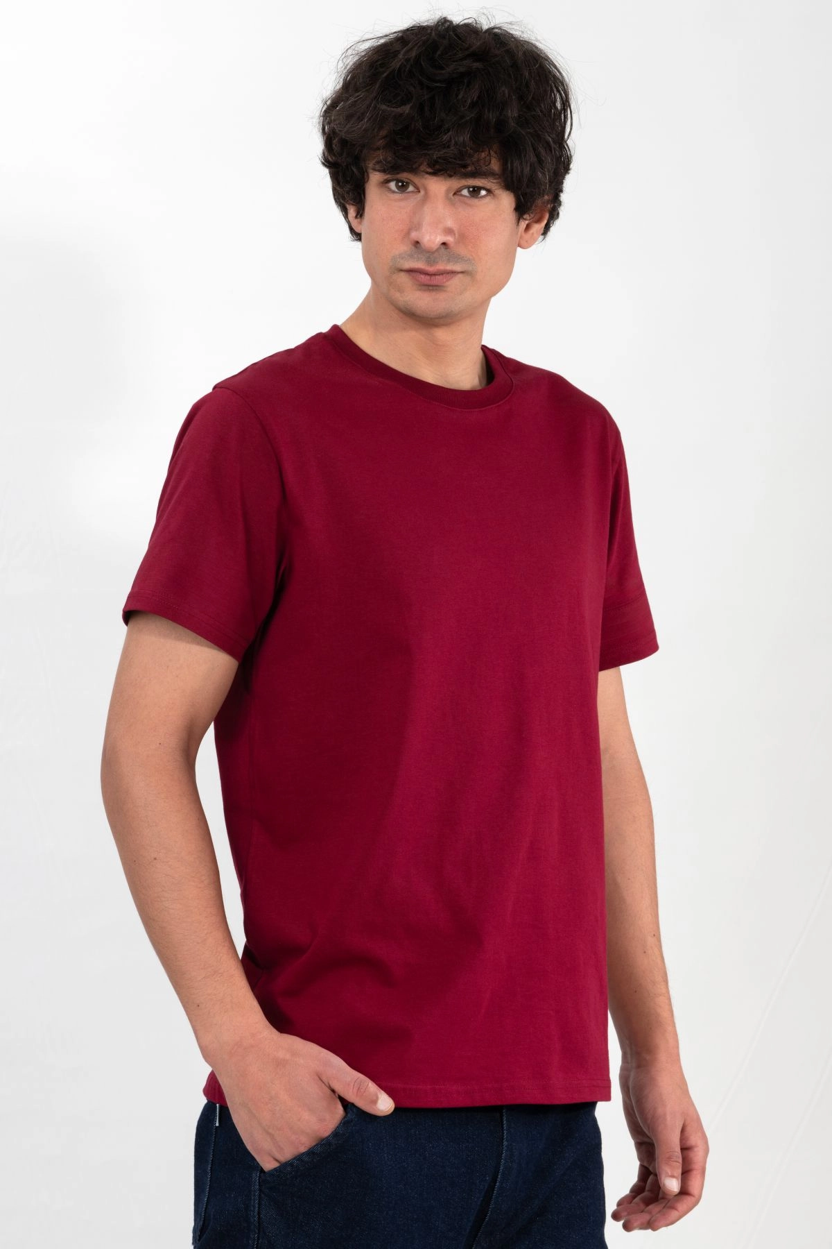 %100 Pamuk Basic Tişört Rahat Kalıp Unisex Günlük Spor T-Shirt Bordo