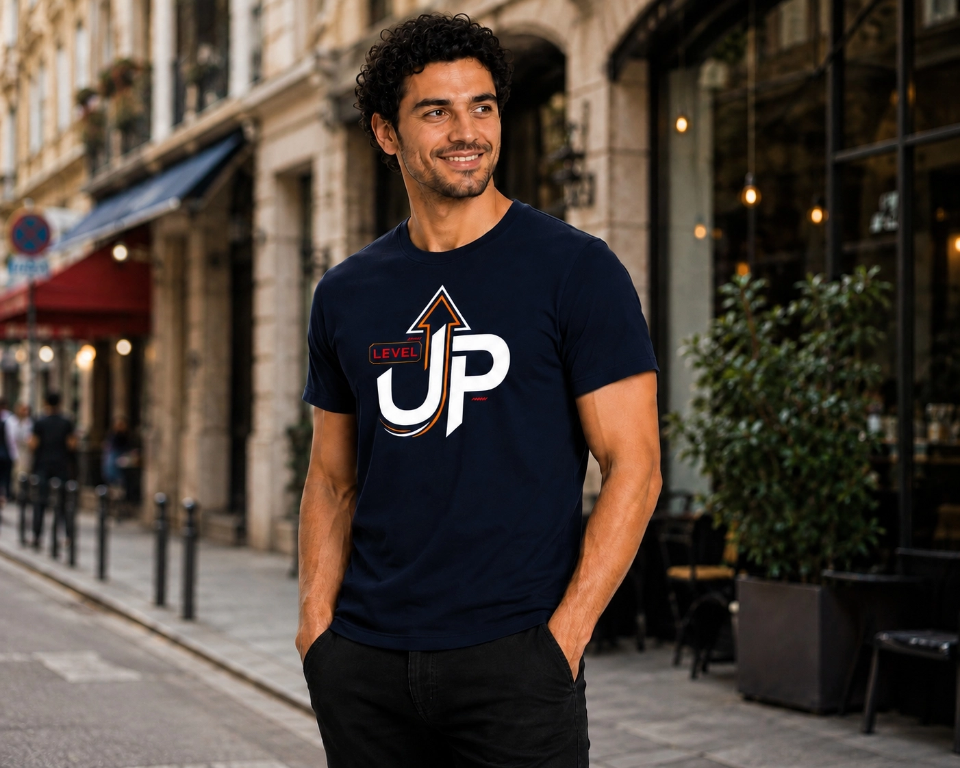 Etifa Level Up Premium Unisex Tişört %100 Pamuk Modern Lacivert Tişört
