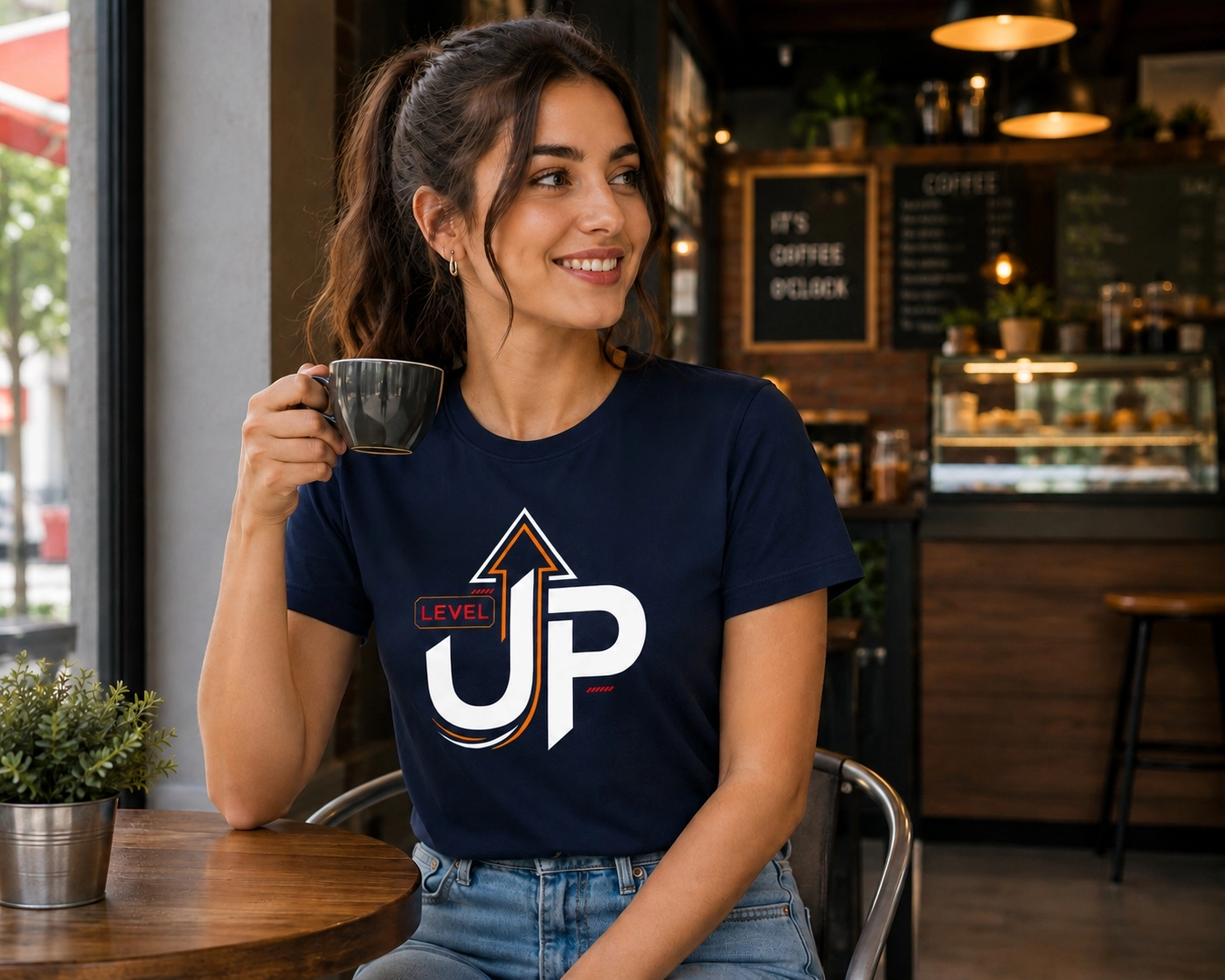 Etifa Level Up Premium Unisex Tişört %100 Pamuk Modern Lacivert Tişört
