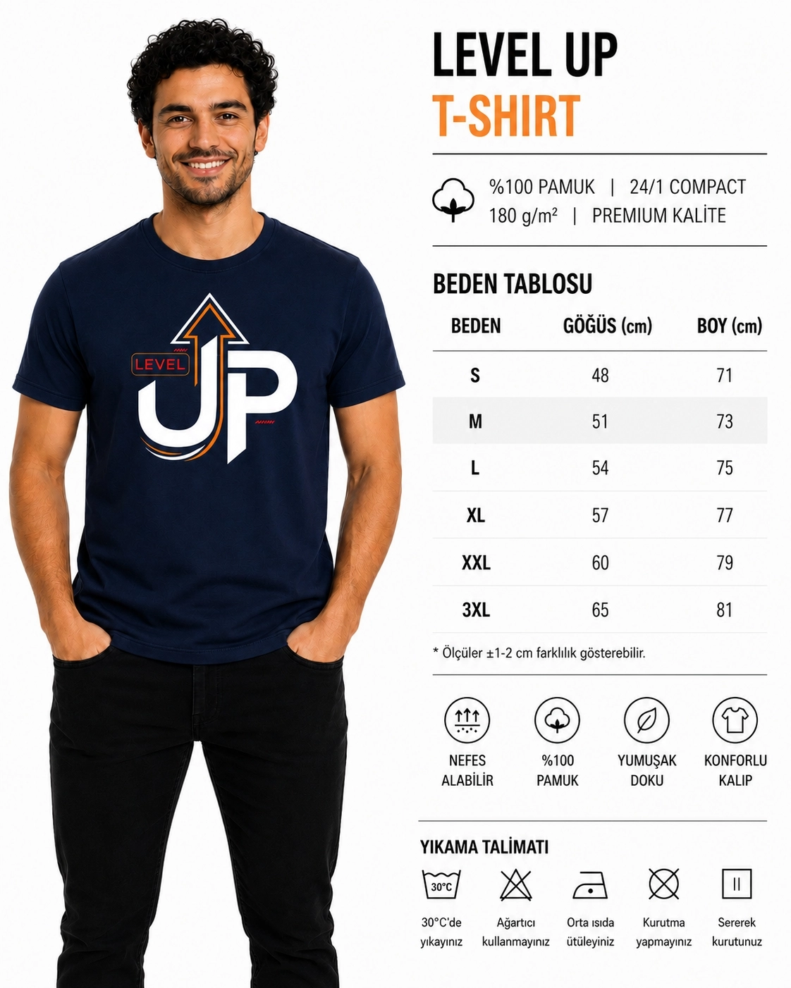Etifa Level Up Premium Unisex Tişört %100 Pamuk Modern Lacivert Tişört