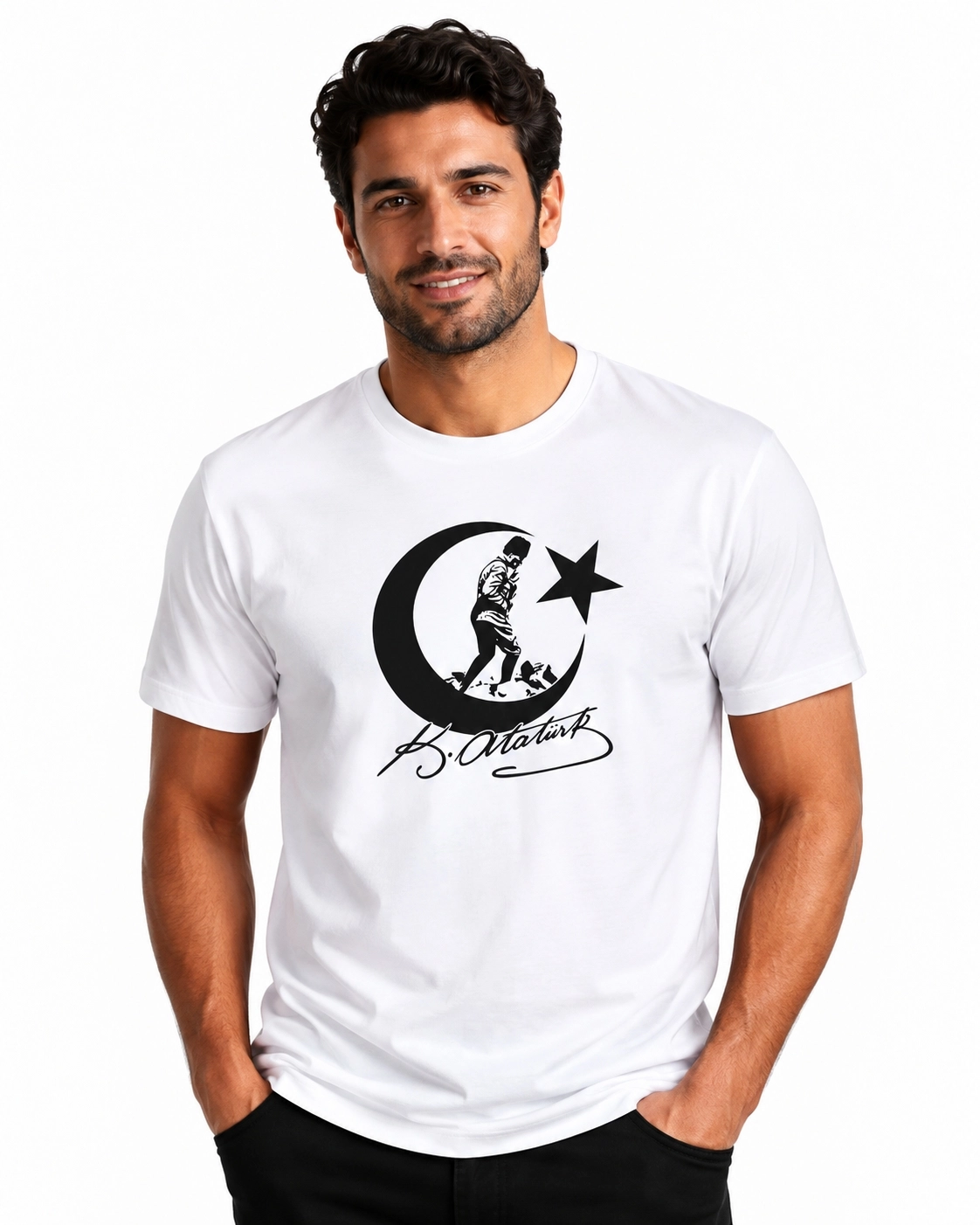 Etifa Atatürk Ay Yıldız İmzalı Premium Unisex %100 Pamuk Beyaz Tişört Siyah Baskı