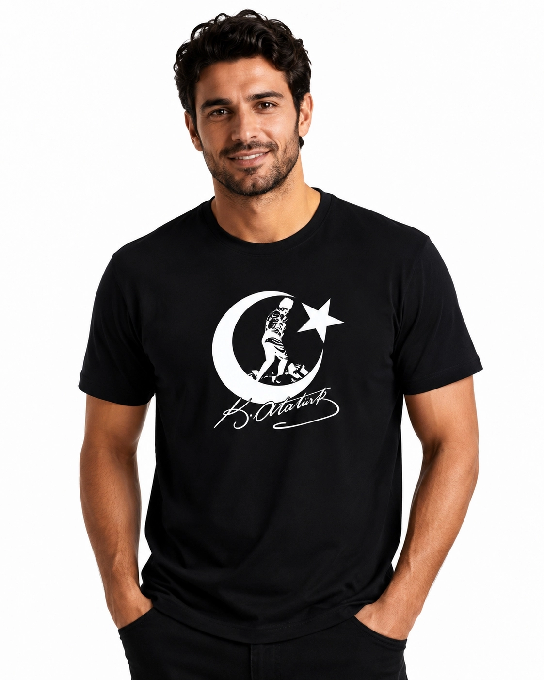 Etifa Atatürk Ay Yıldız İmzalı Premium Unisex %100 Pamuk Siyah Tişört Beyaz Baskı