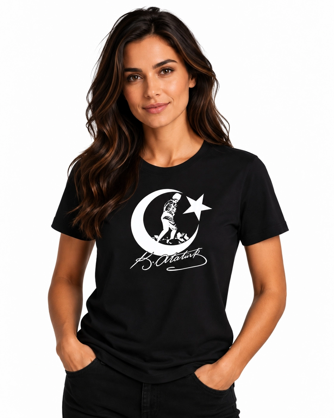Etifa Atatürk Ay Yıldız İmzalı Premium Unisex %100 Pamuk Siyah Tişört Beyaz Baskı