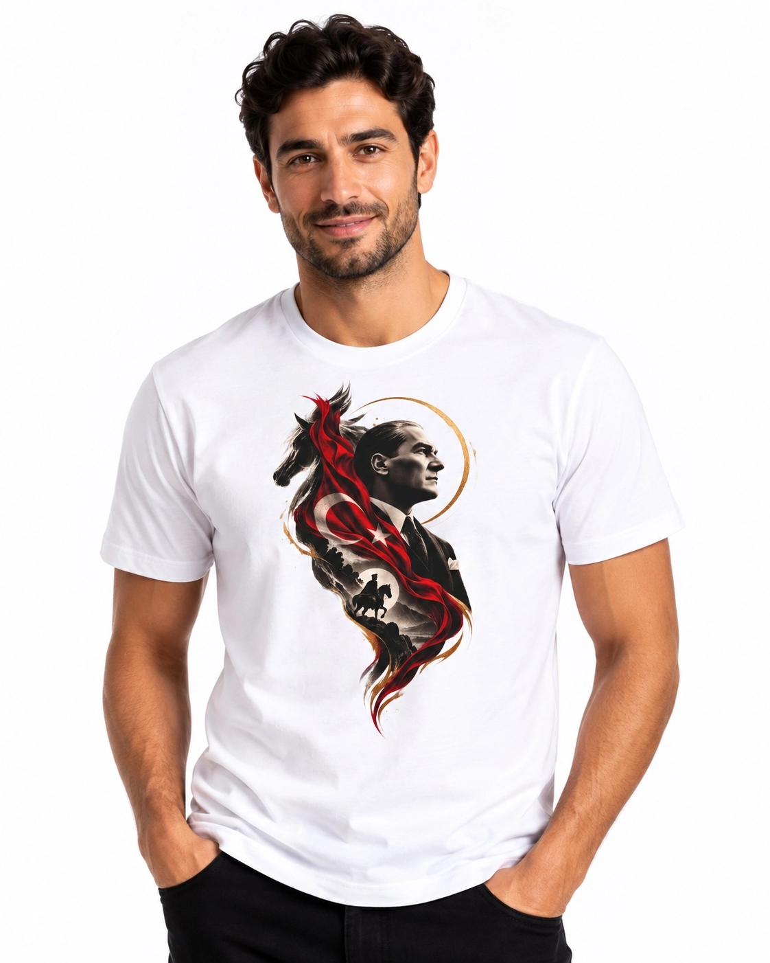 Etifa Atatürk Portre Türk Bayrağı Temalı Premium Unisex %100 Pamuk Beyaz Tişört