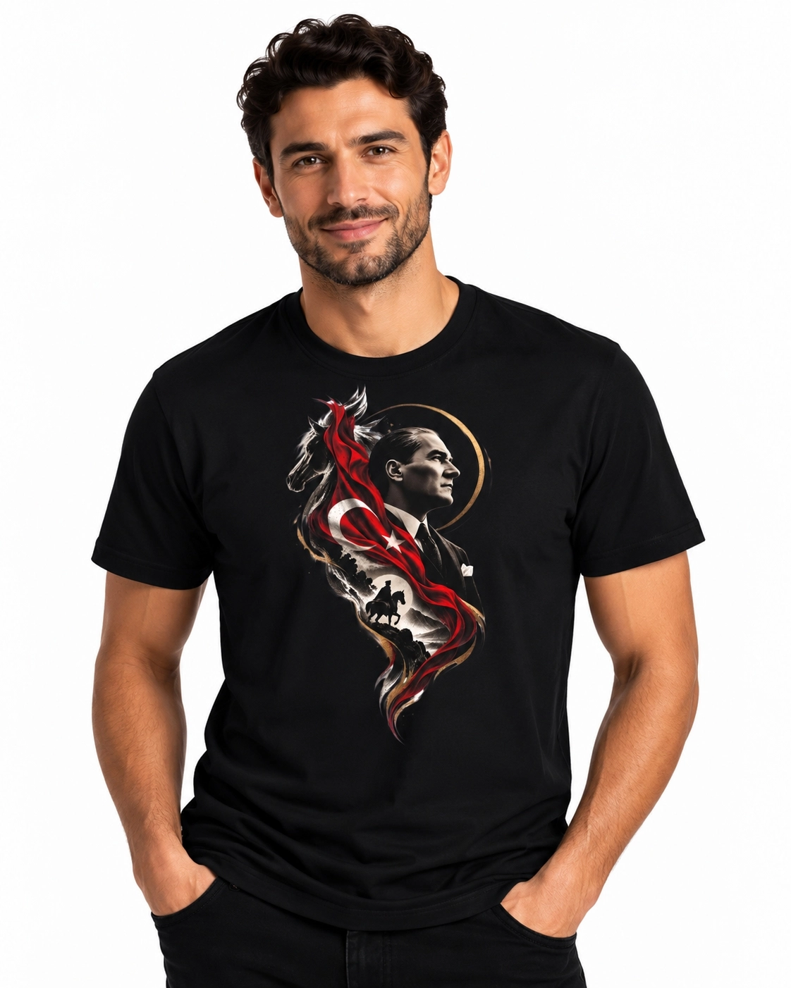 Etifa Atatürk Portre Türk Bayrağı Temalı Premium Unisex %100 Pamuk Siyah Tişört