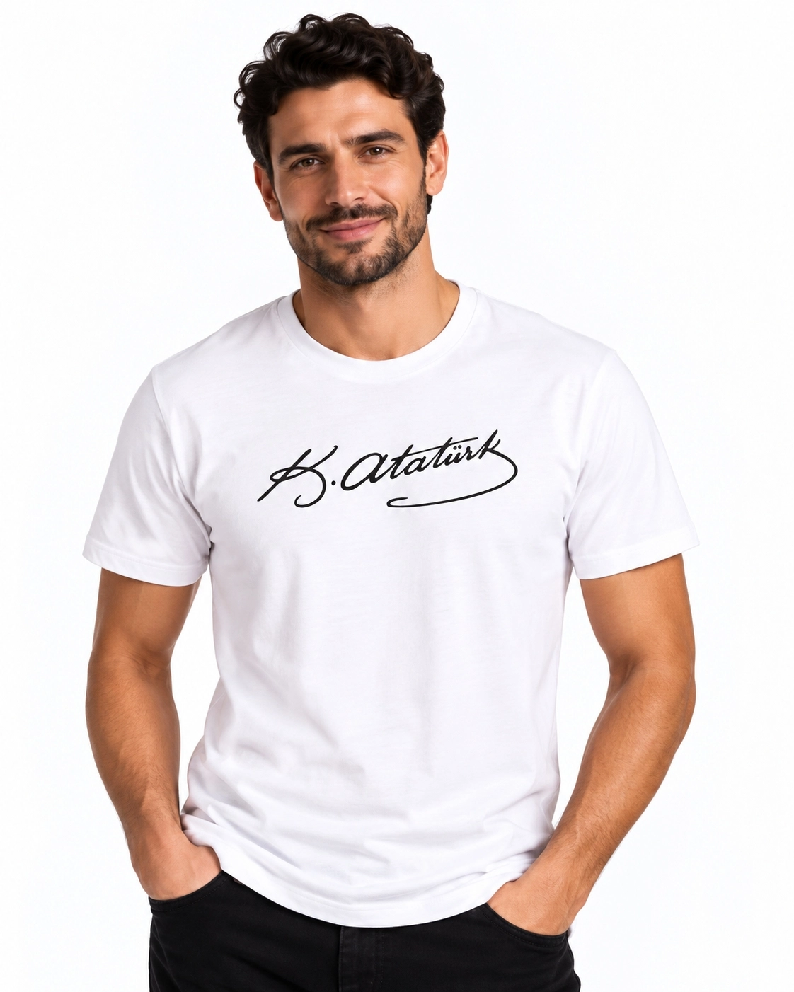Etifa Atatürk İmzalı Beyaz Premium Unisex %100 Pamuk Siyah Baskılı Tişört