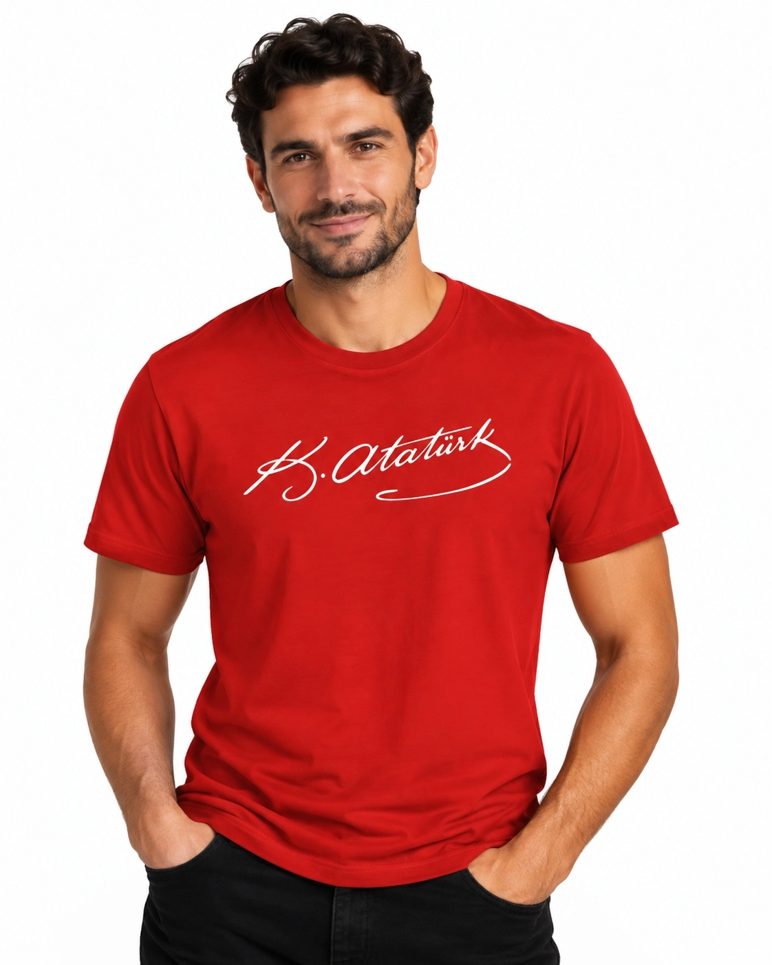 Etifa Atatürk İmzalı Kırmızı Premium Unisex %100 Pamuk Beyaz Baskılı Tişört