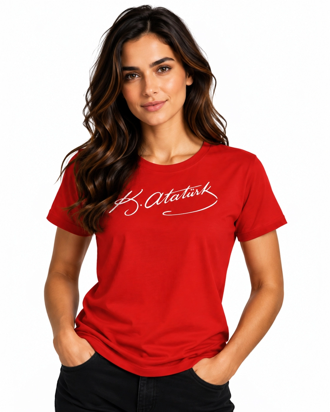 Etifa Atatürk İmzalı Kırmızı Premium Unisex %100 Pamuk Beyaz Baskılı Tişört