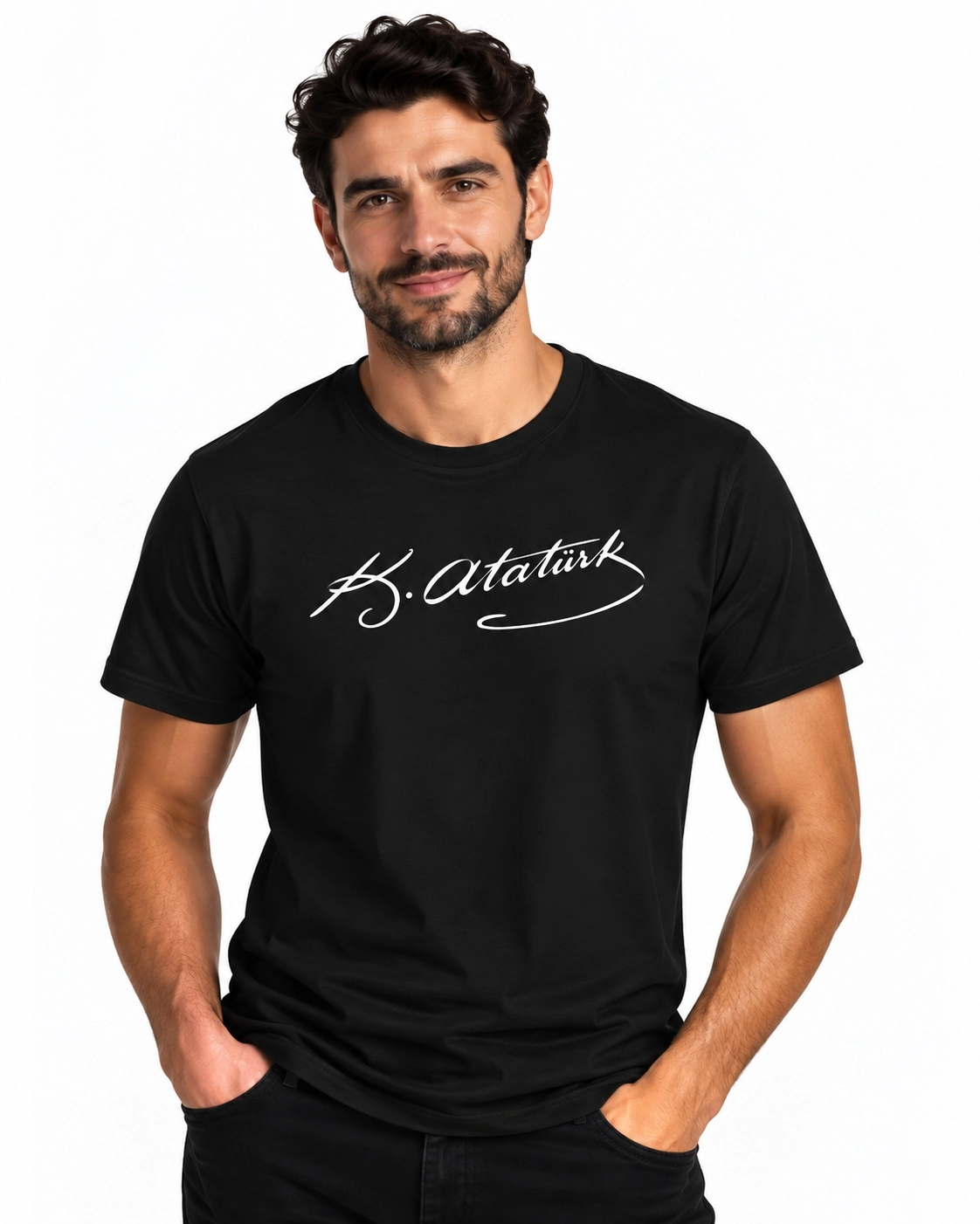 Etifa Atatürk İmzalı Siyah Premium Unisex %100 Pamuk Beyaz Baskılı Tişört