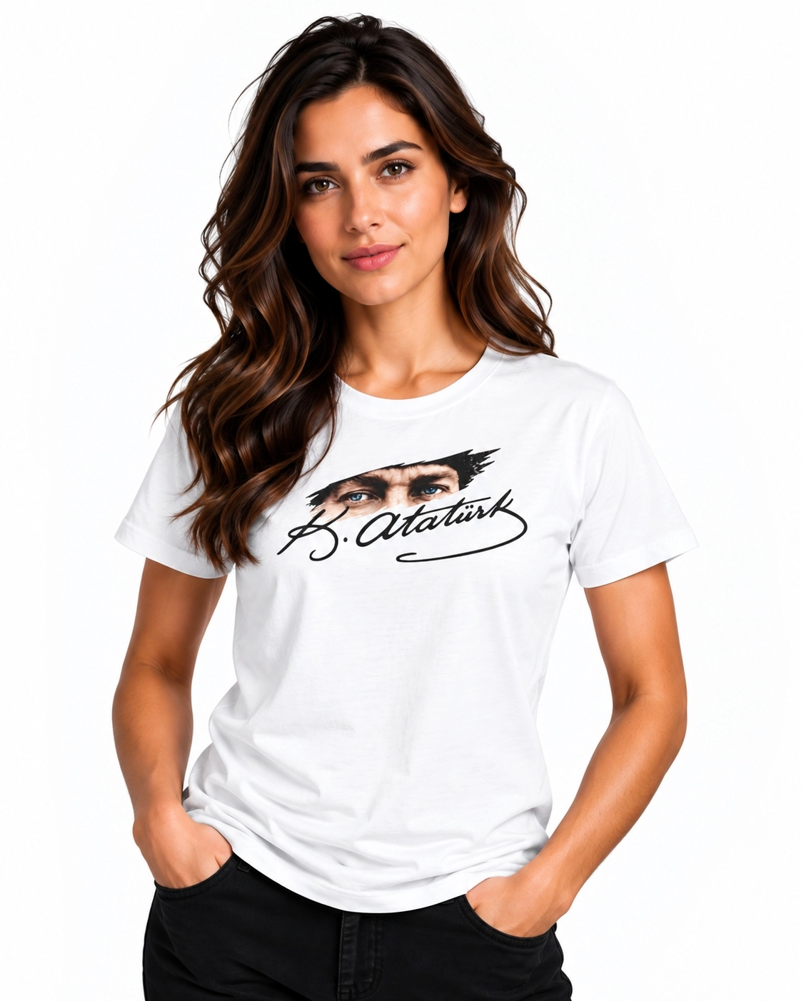 Etifa Atatürk Gözleri Ve Siyah İmza Baskılı Beyaz Unisex %100 Pamuk Premium Tişört