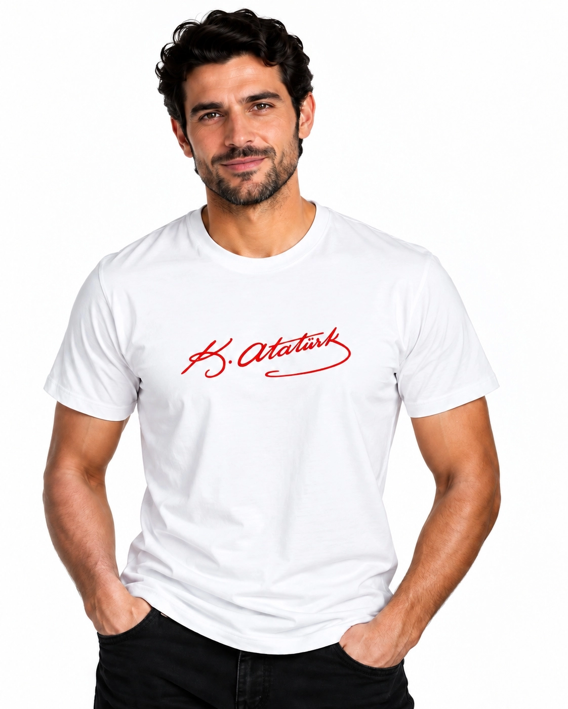 Etifa Atatürk İmzalı Beyaz Premium Unisex %100 Pamuk Kırmızı Baskılı Tişört