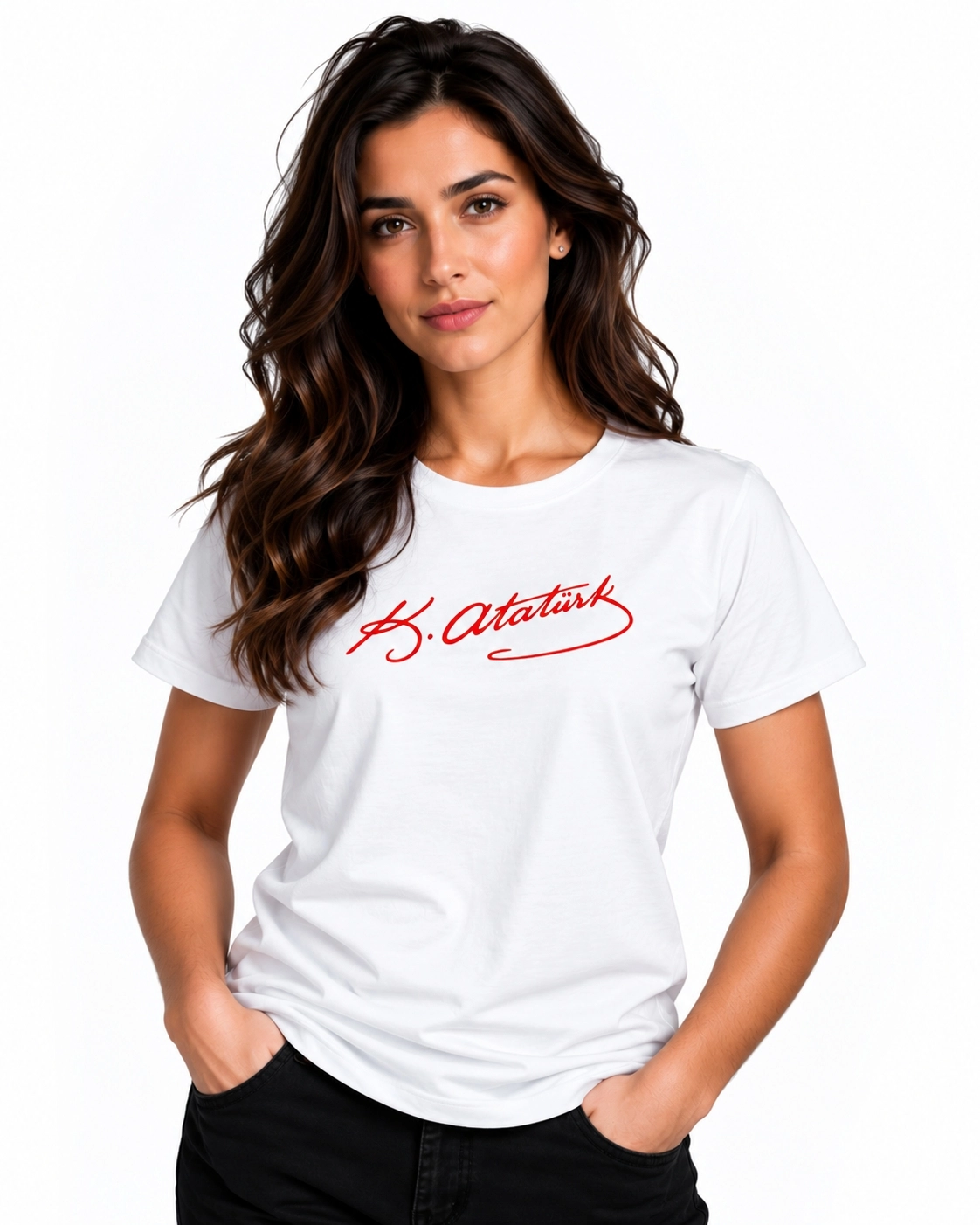 Etifa Atatürk İmzalı Beyaz Premium Unisex %100 Pamuk Kırmızı Baskılı Tişört