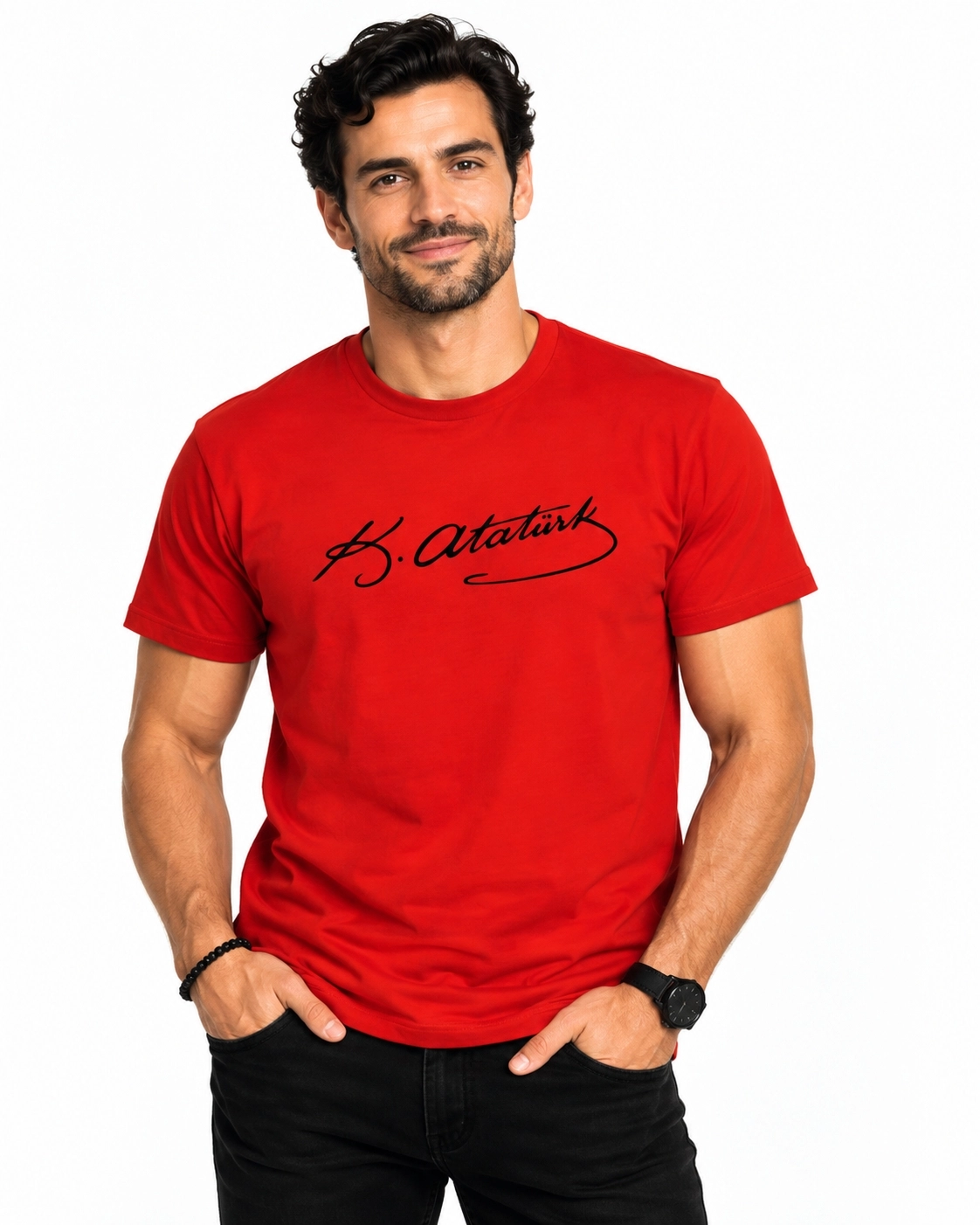 Etifa Atatürk İmzalı Kırmızı Premium Unisex %100 Pamuk Siyah Baskılı Tişört