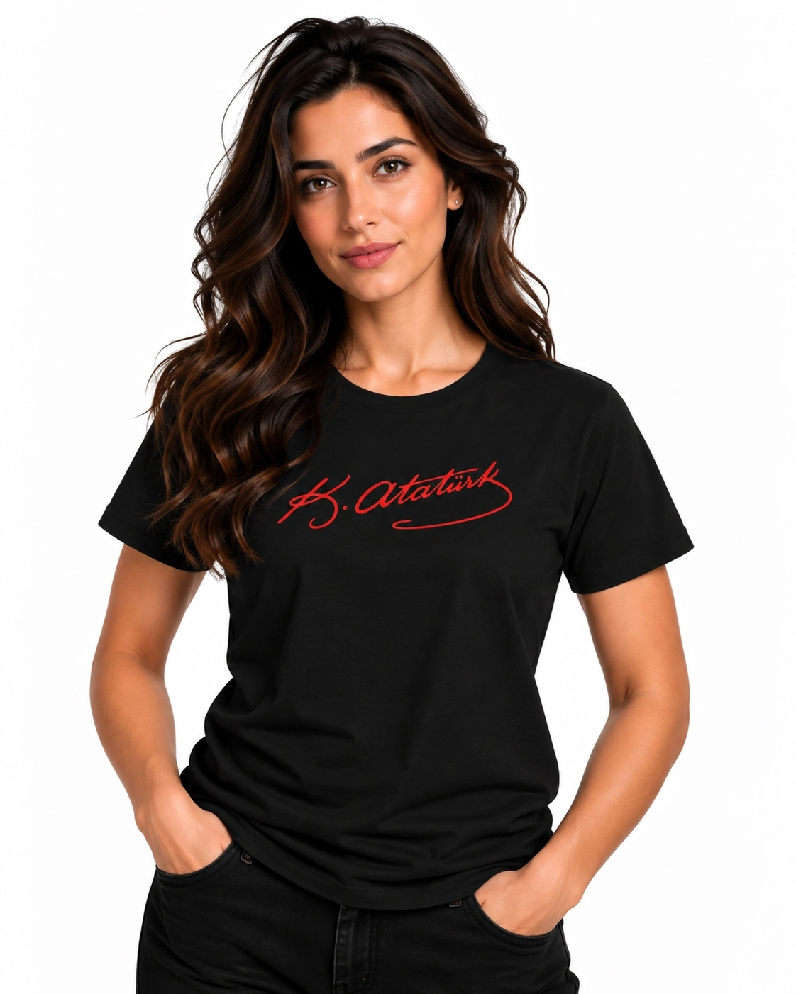 Etifa Atatürk İmzalı Siyah Premium Unisex %100 Pamuk Kırmızı Baskılı Tişört