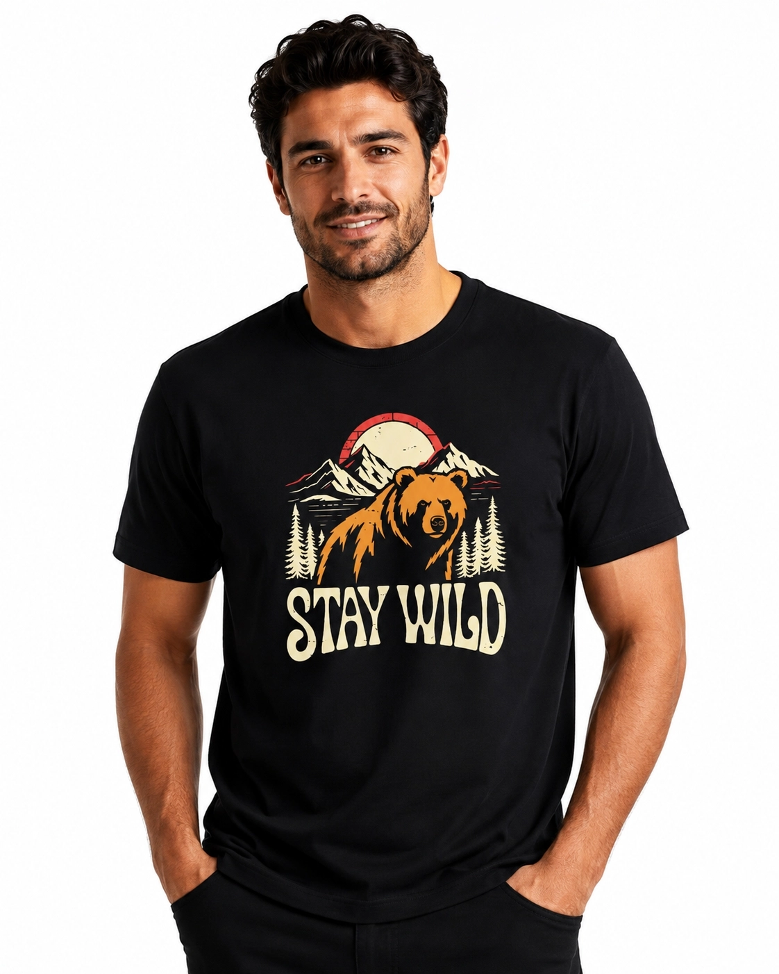 Etifa Stay Wild Ayı Baskılı Siyah Unisex Tişört %100 Pamuk Premium Outdoor T-Shirt