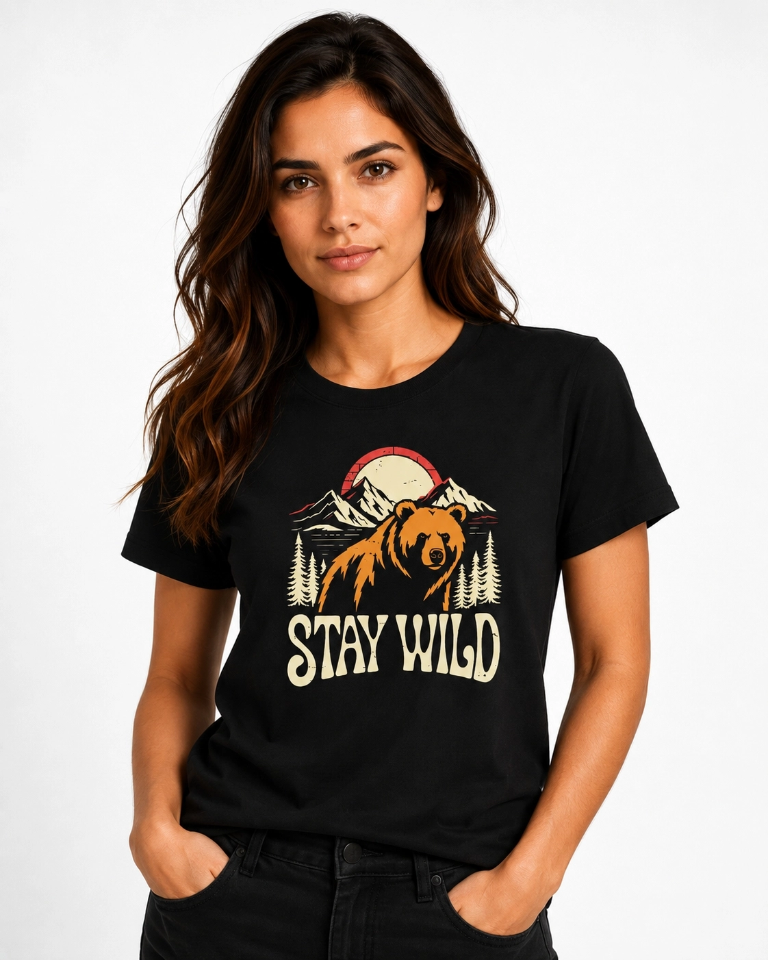 Etifa Stay Wild Ayı Baskılı Siyah Unisex Tişört %100 Pamuk Premium Outdoor T-Shirt