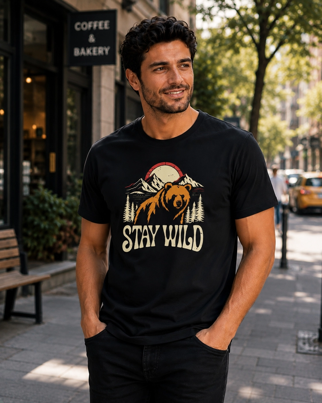 Etifa Stay Wild Ayı Baskılı Siyah Unisex Tişört %100 Pamuk Premium Outdoor T-Shirt