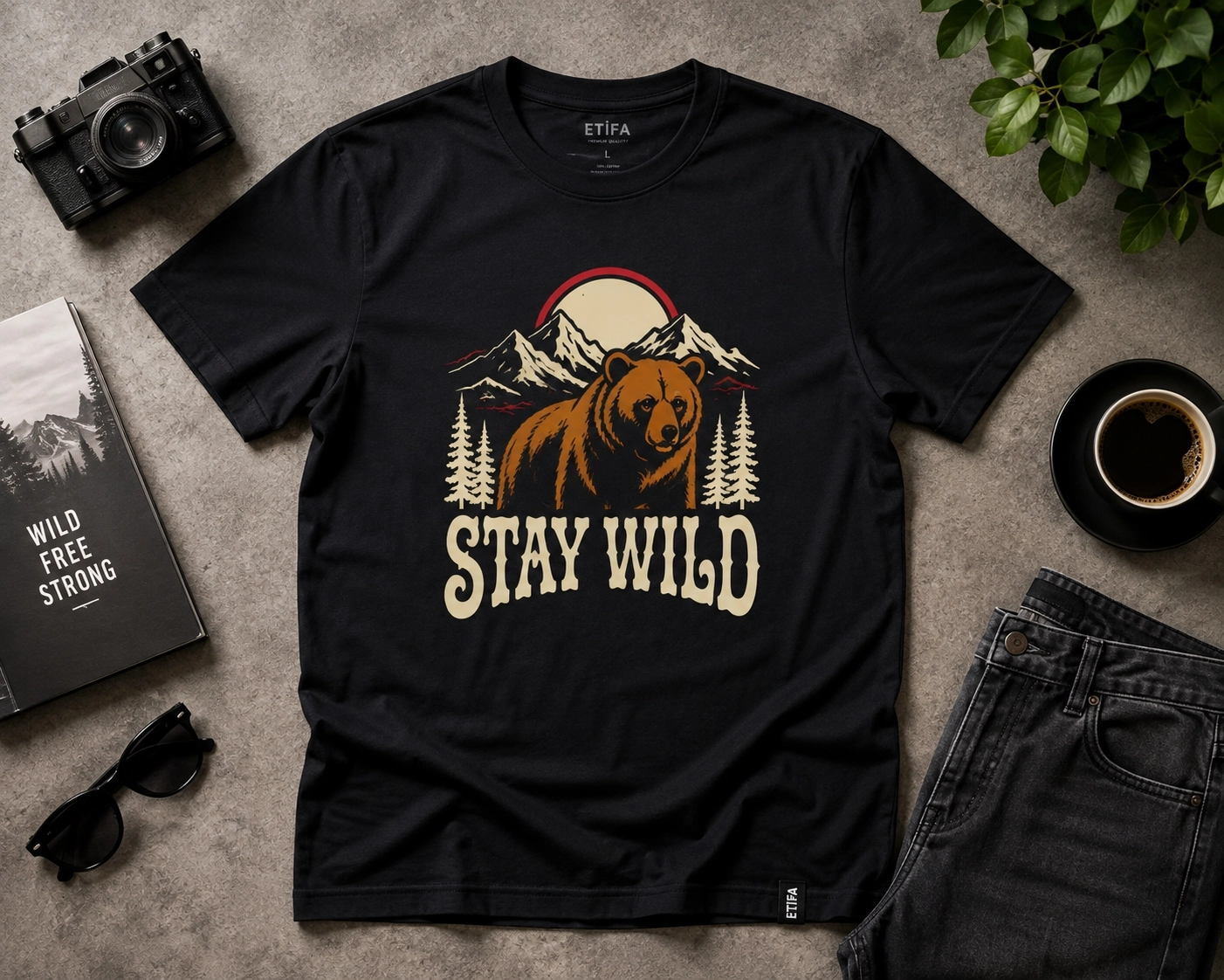 Etifa Stay Wild Ayı Baskılı Siyah Unisex Tişört %100 Pamuk Premium Outdoor T-Shirt